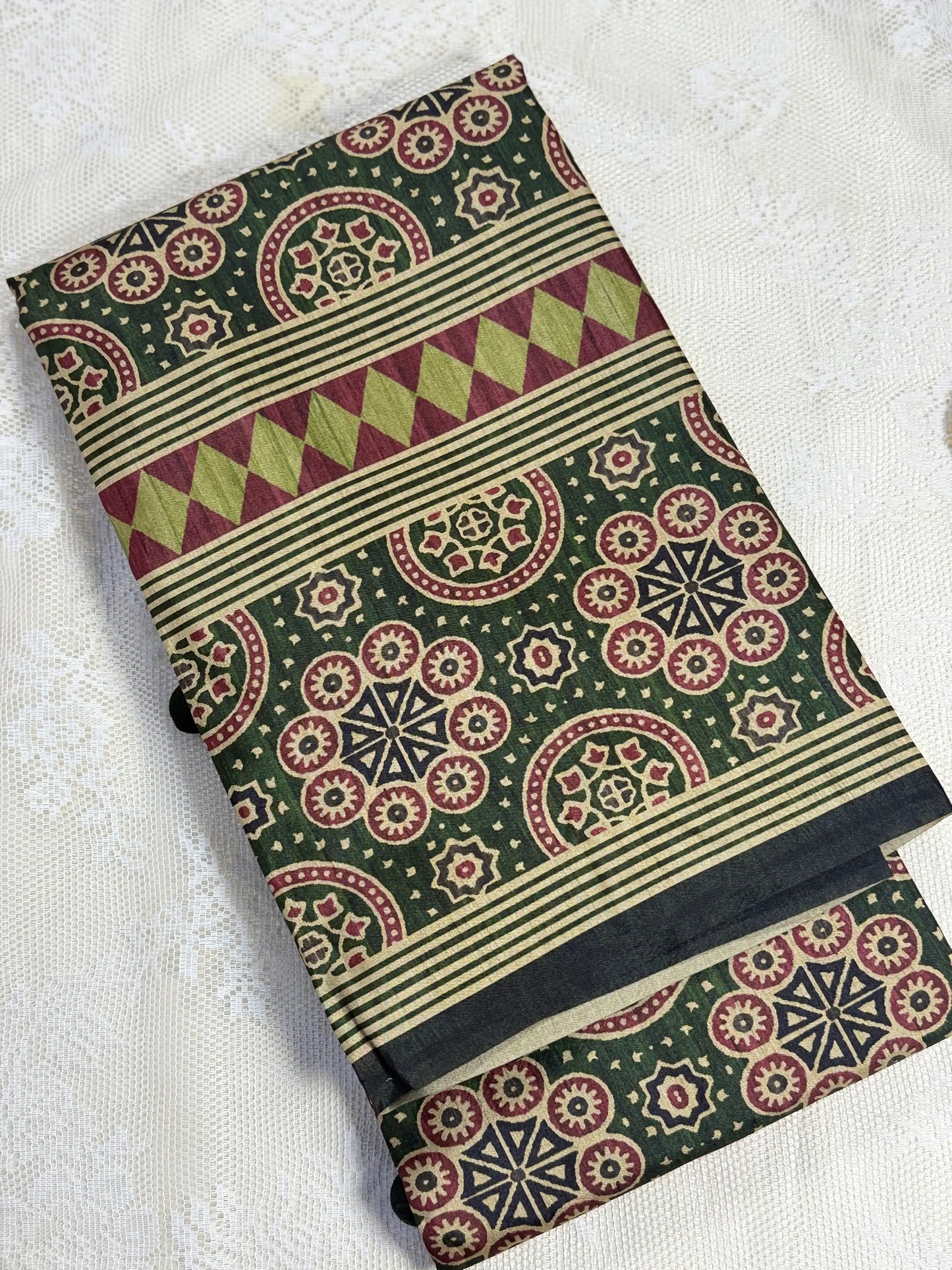 Hemali (Mughal Ajrakh Mul Cotton Saree): Dark betel green Saree with Gold and Red Ajrakh motif body and Geometric pattern Border and Pallu