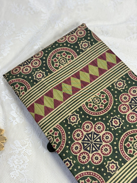 Hemali (Mughal Ajrakh Mul Cotton Saree): Dark betel green Saree with Gold and Red Ajrakh motif body and Geometric pattern Border and Pallu