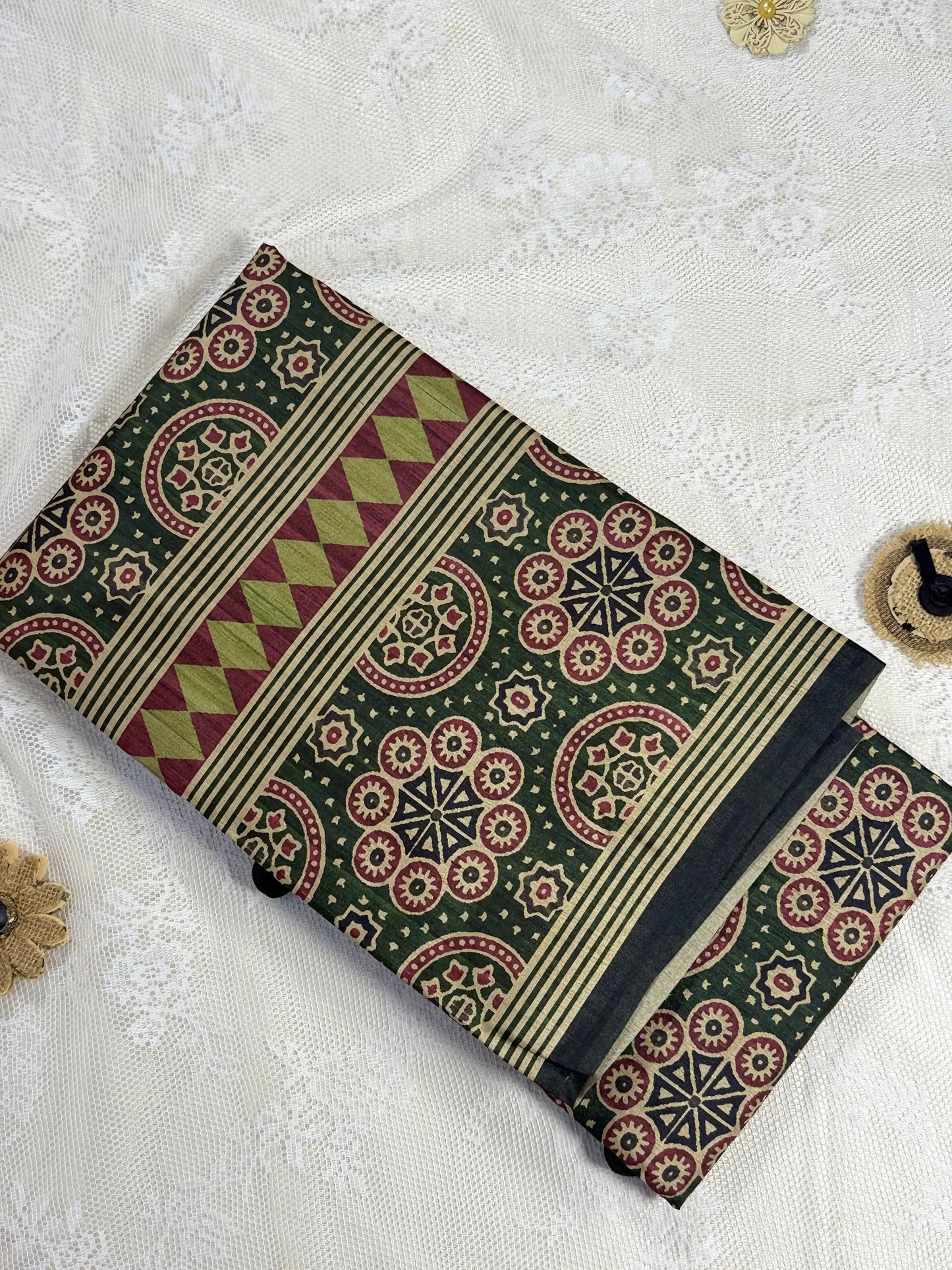 Hemali (Mughal Ajrakh Mul Cotton Saree): Dark betel green Saree with Gold and Red Ajrakh motif body and Geometric pattern Border and Pallu