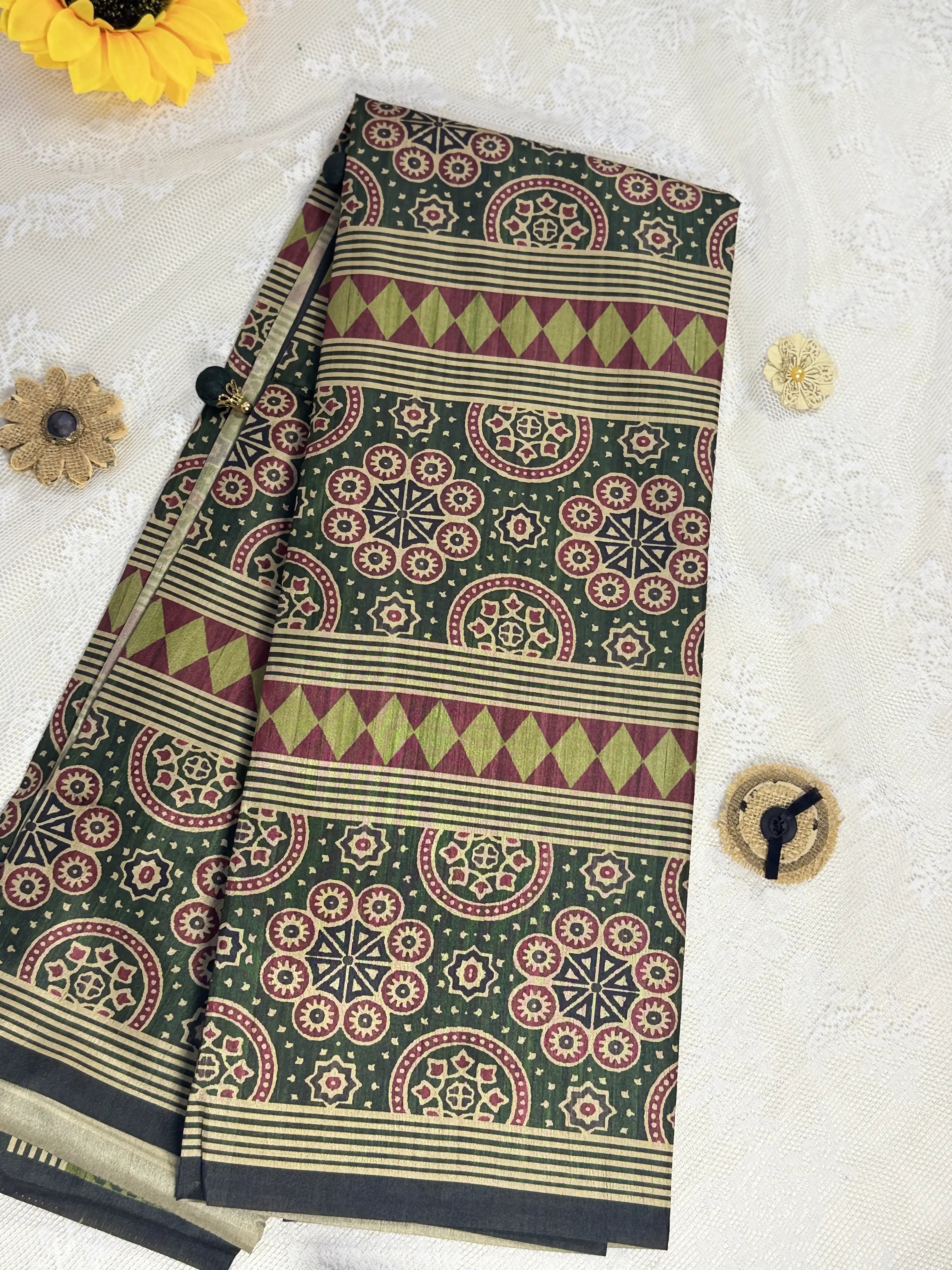 Hemali (Mughal Ajrakh Mul Cotton Saree): Dark betel green Saree with Gold and Red Ajrakh motif body and Geometric pattern Border and Pallu