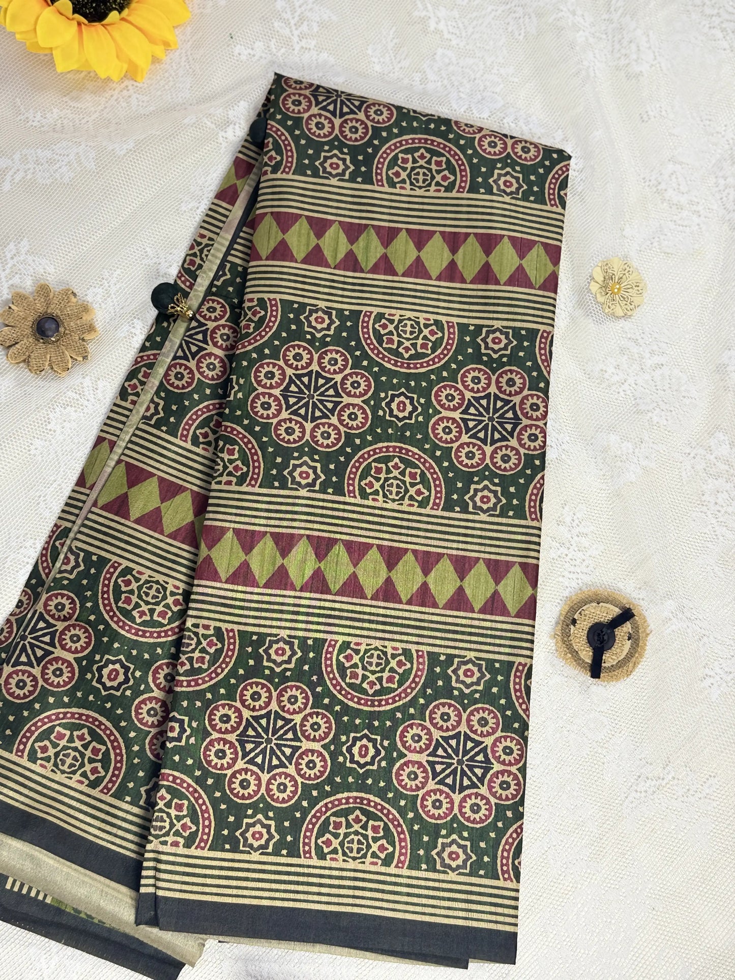Hemali (Mughal Ajrakh Mul Cotton Saree): Dark betel green Saree with Gold and Red Ajrakh motif body and Geometric pattern Border and Pallu