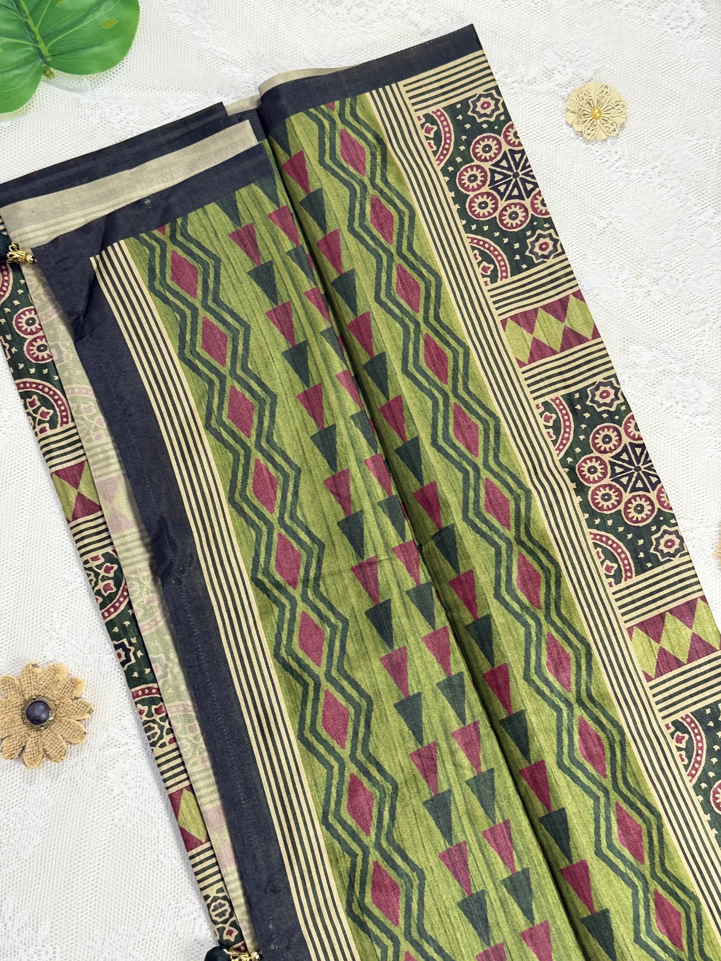 Hemali (Mughal Ajrakh Mul Cotton Saree): Dark betel green Saree with Gold and Red Ajrakh motif body and Geometric pattern Border and Pallu