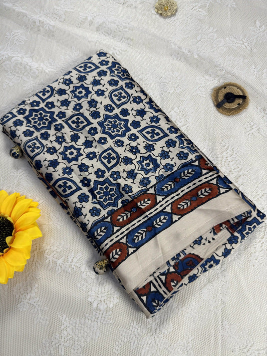 Empress Ajrakh Modal Satin Saree: Pale Gold Saree with Blue Ajrakh Motif Body and Red & Blue Leafy Border with Floral Trance Pallu