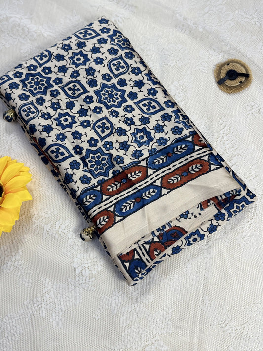 Empress Ajrakh Modal Satin Saree: Pale Gold Saree with Blue Ajrakh Motif Body and Red & Blue Leafy Border with Floral Trance Pallu