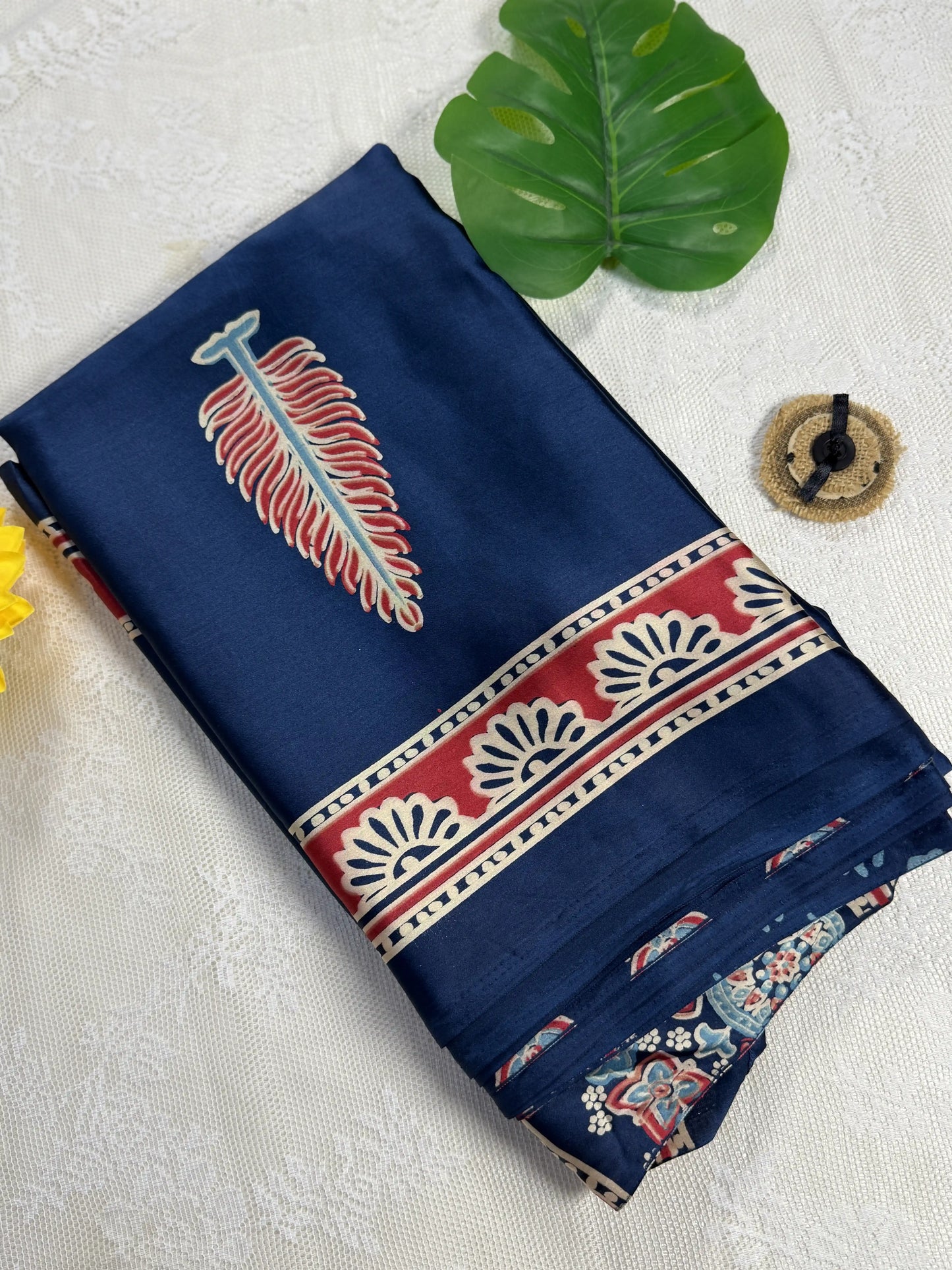 Empress Ajrakh Modal Satin Saree: Royal Blue Saree with Mint Teal, Pale Gold and Red Ajrakh Motif Body and Red & Blue Floral Border and Pallu
