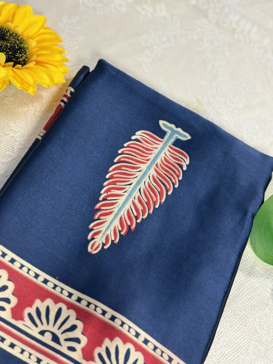 Empress Ajrakh Modal Satin Saree: Royal Blue Saree with Mint Teal, Pale Gold and Red Ajrakh Motif Body and Red & Blue Floral Border and Pallu