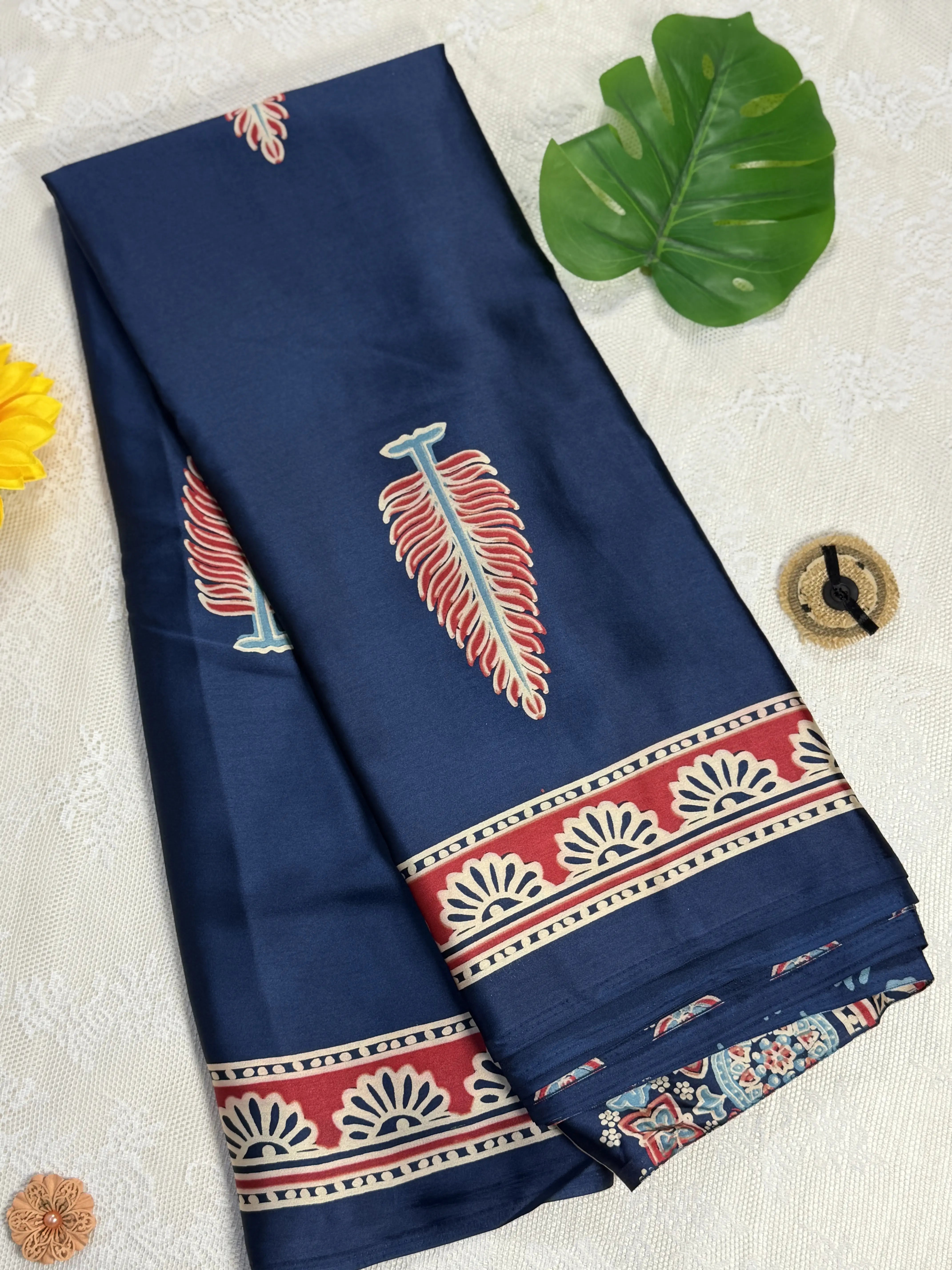 Empress Ajrakh Modal Satin Saree: Royal Blue Saree with Mint Teal, Pale Gold and Red Ajrakh Motif Body and Red & Blue Floral Border and Pallu