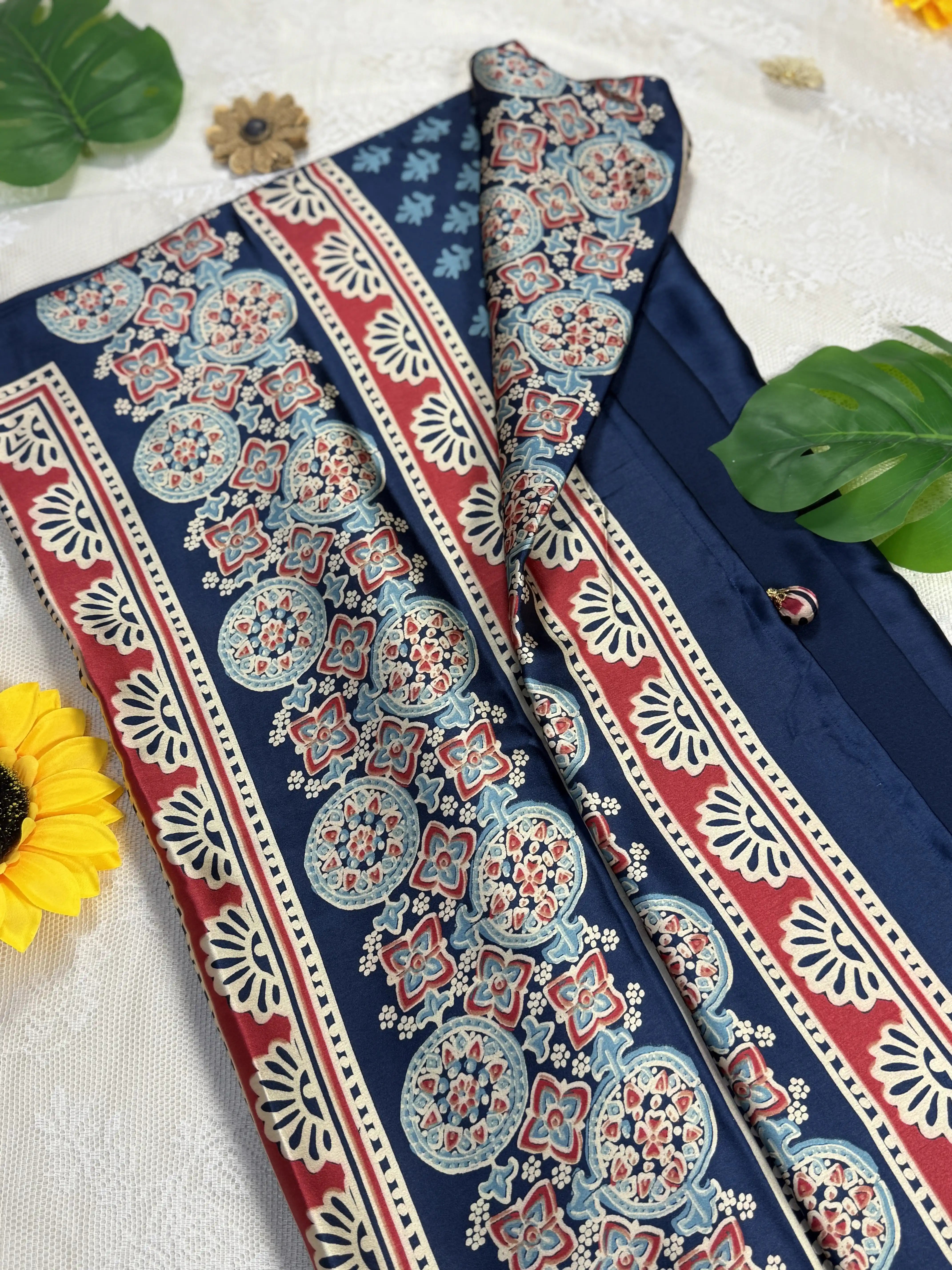 Empress Ajrakh Modal Satin Saree: Royal Blue Saree with Mint Teal, Pale Gold and Red Ajrakh Motif Body and Red & Blue Floral Border and Pallu