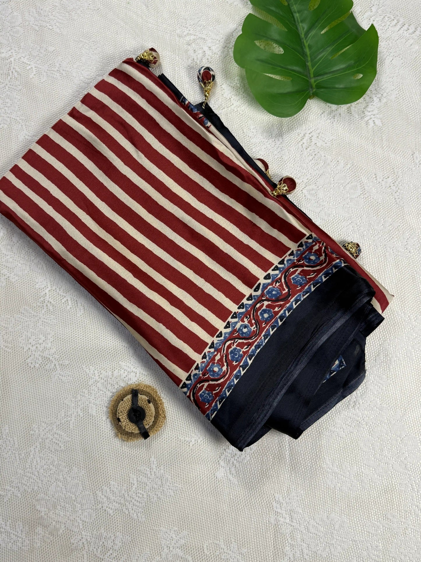 Empress Ajrakh Modal Satin Saree: Pale Gold, Red Stripped Saree with multi color ajrakh border and pallu