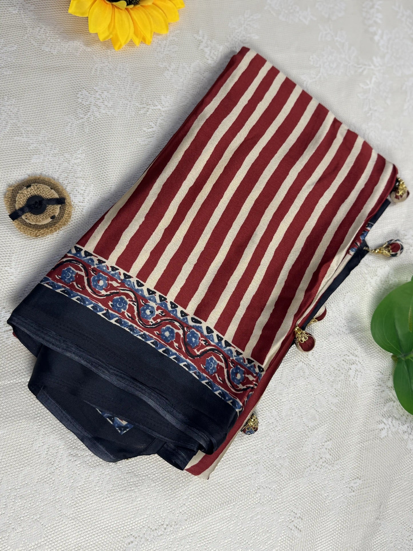 Empress Ajrakh Modal Satin Saree: Pale Gold, Red Stripped Saree with multi color ajrakh border and pallu