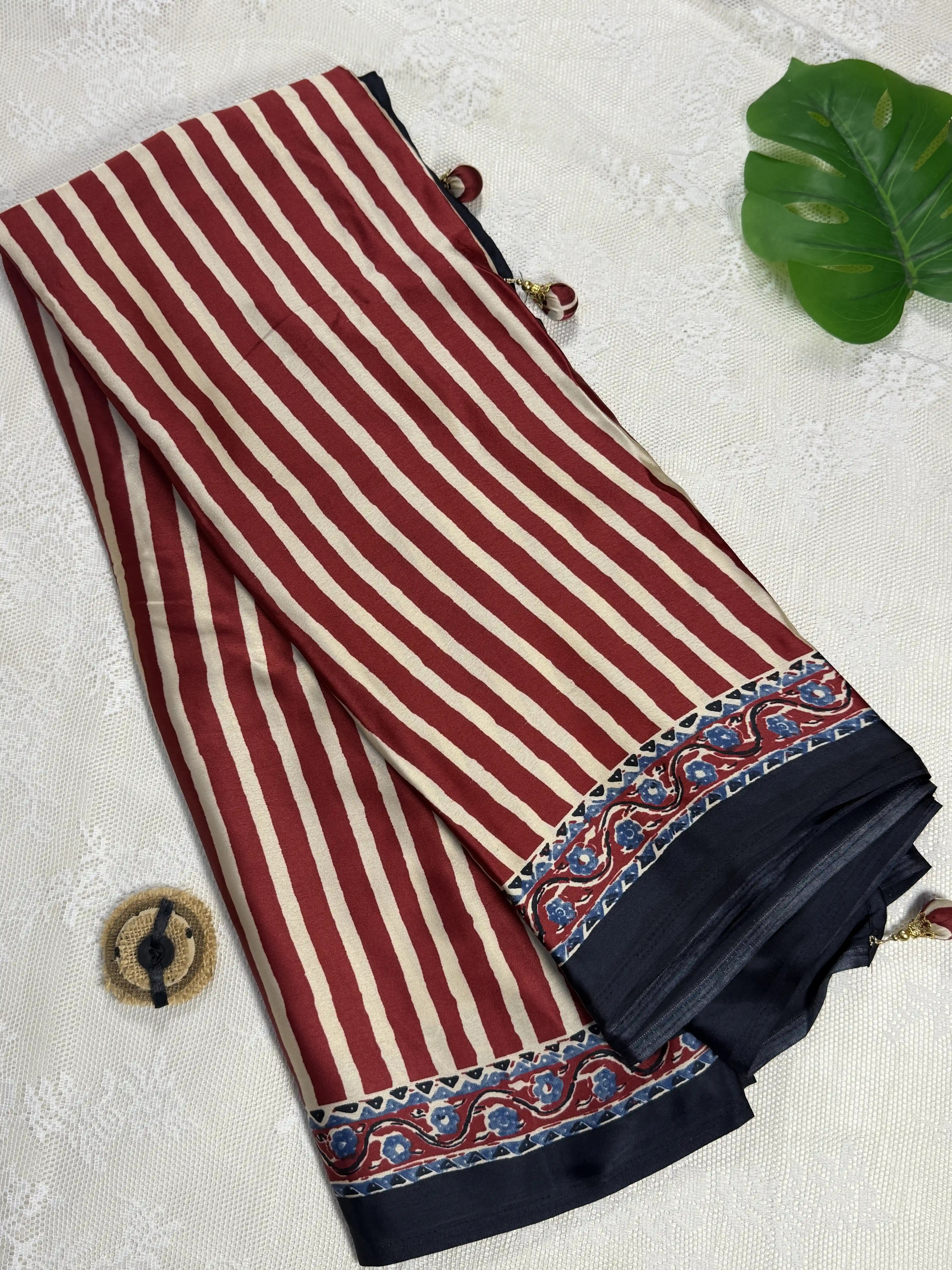 Empress Ajrakh Modal Satin Saree: Pale Gold, Red Stripped Saree with multi color ajrakh border and pallu