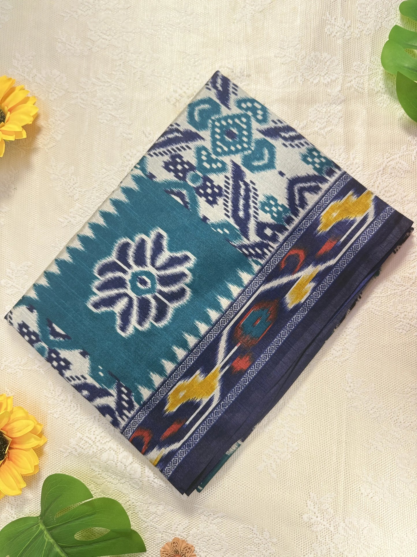 Navy Blue and Emerald Green Pochampally design Cotton Saree