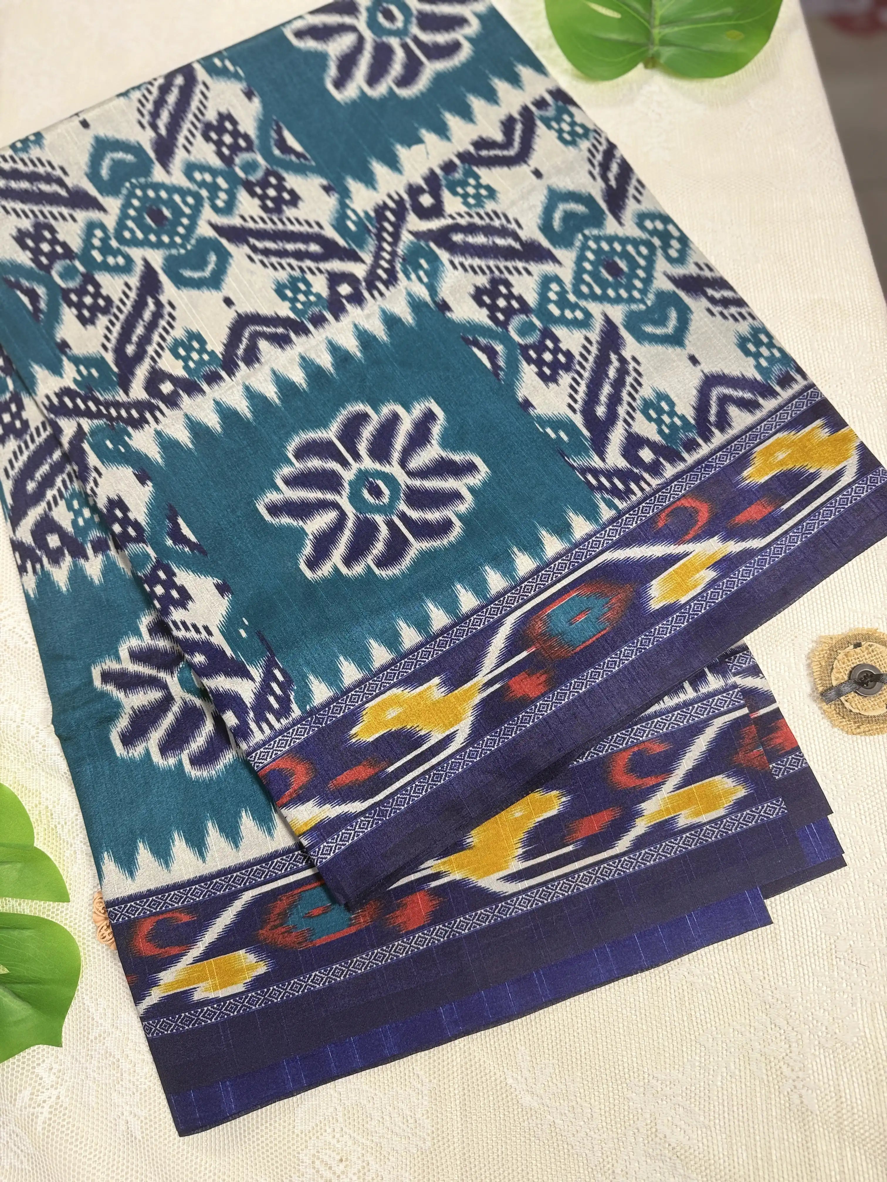 Navy Blue and Emerald Green Pochampally design Cotton Saree