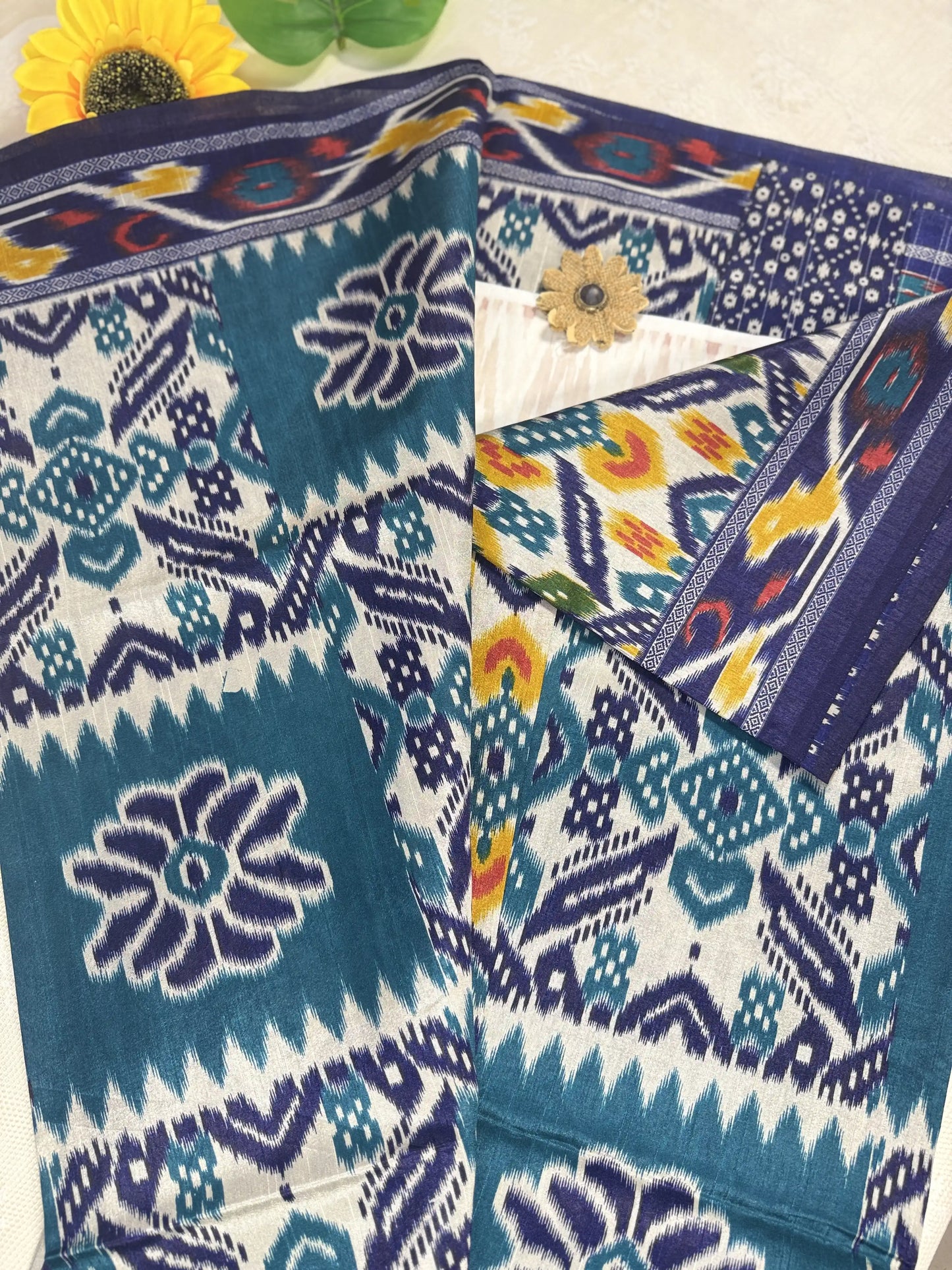 Navy Blue and Emerald Green Pochampally design Cotton Saree