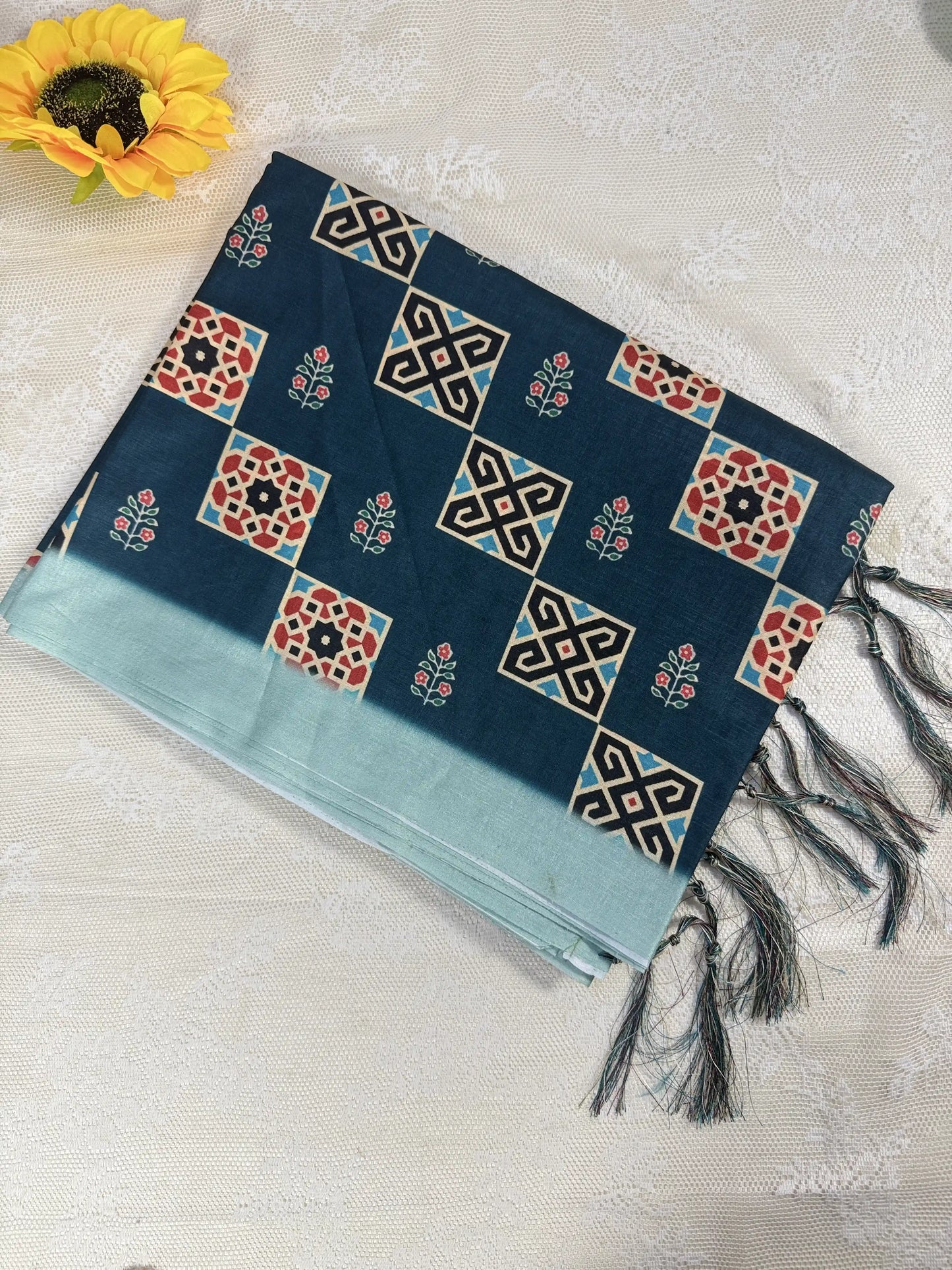 Dark Teal Ajrakh Print - Semi Modal Saree with Mint Blue Border