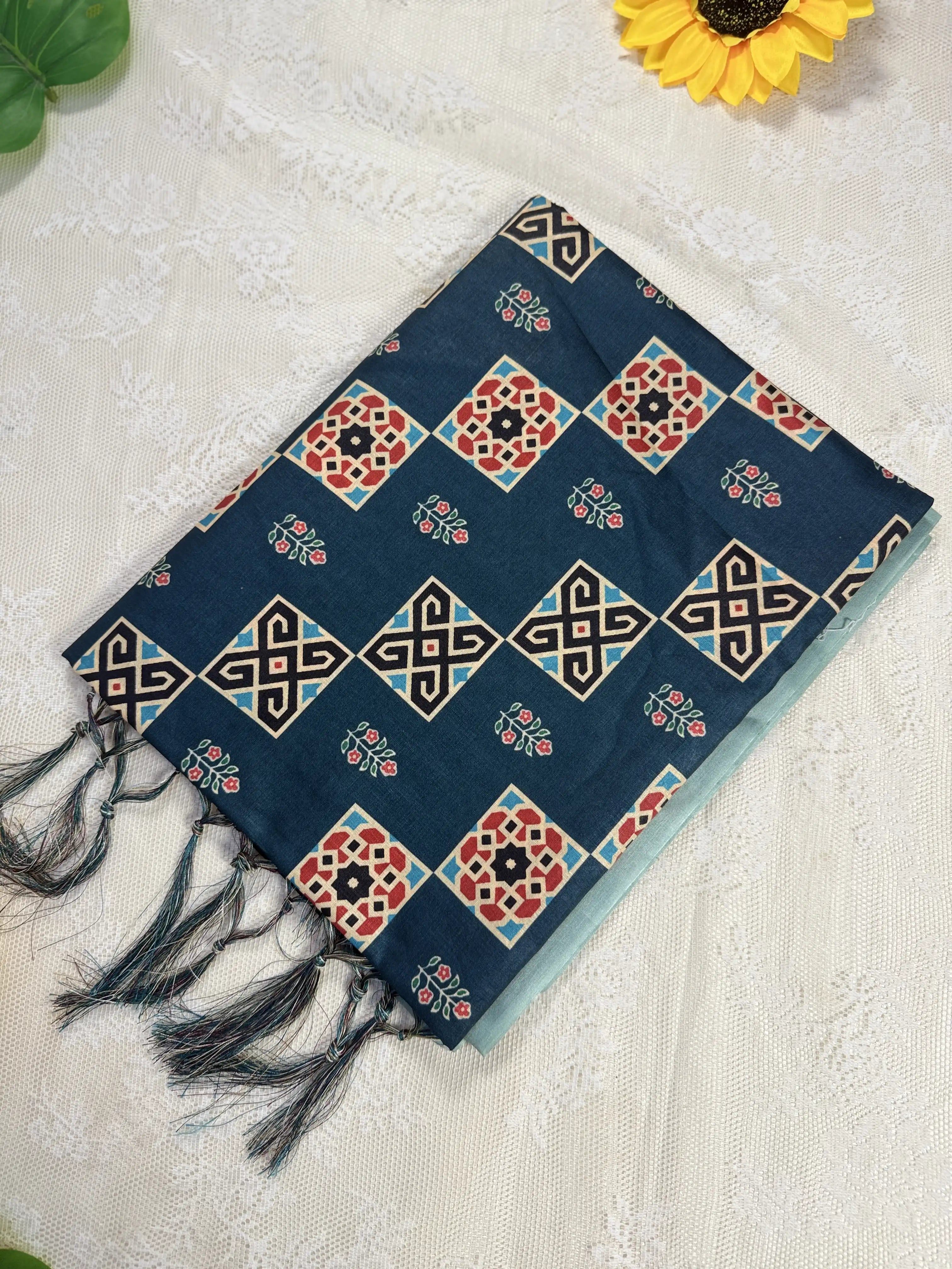 Dark Teal Ajrakh Print - Semi Modal Saree with Mint Blue Border