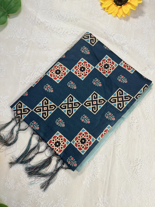 Dark Teal Ajrakh Print - Semi Modal Saree with Mint Blue Border