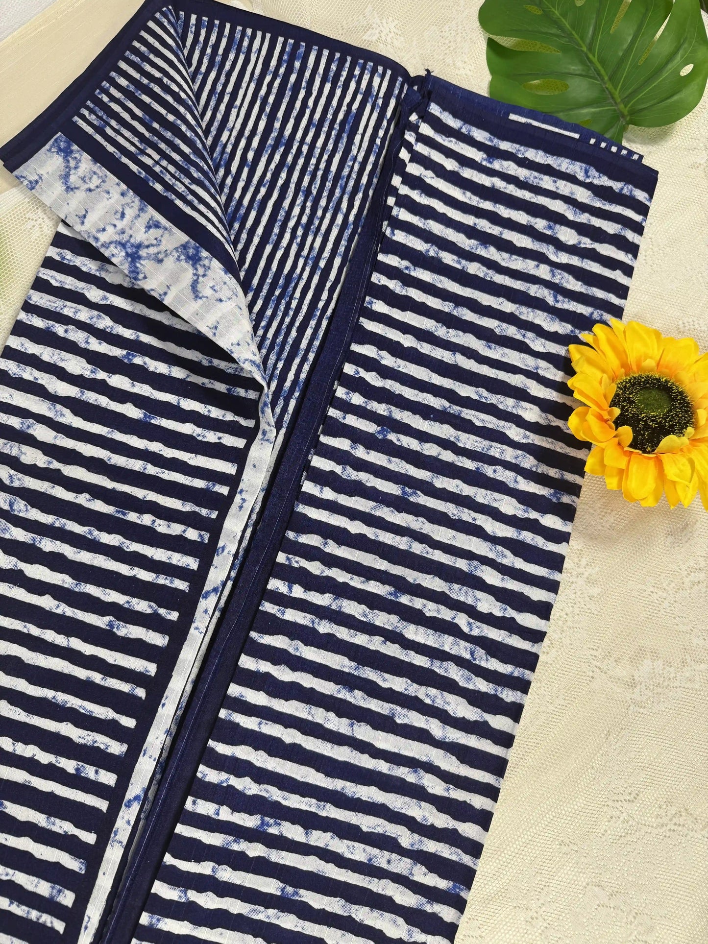 Everyday Tussar Saree: Navy Blue Saree with white stripped design