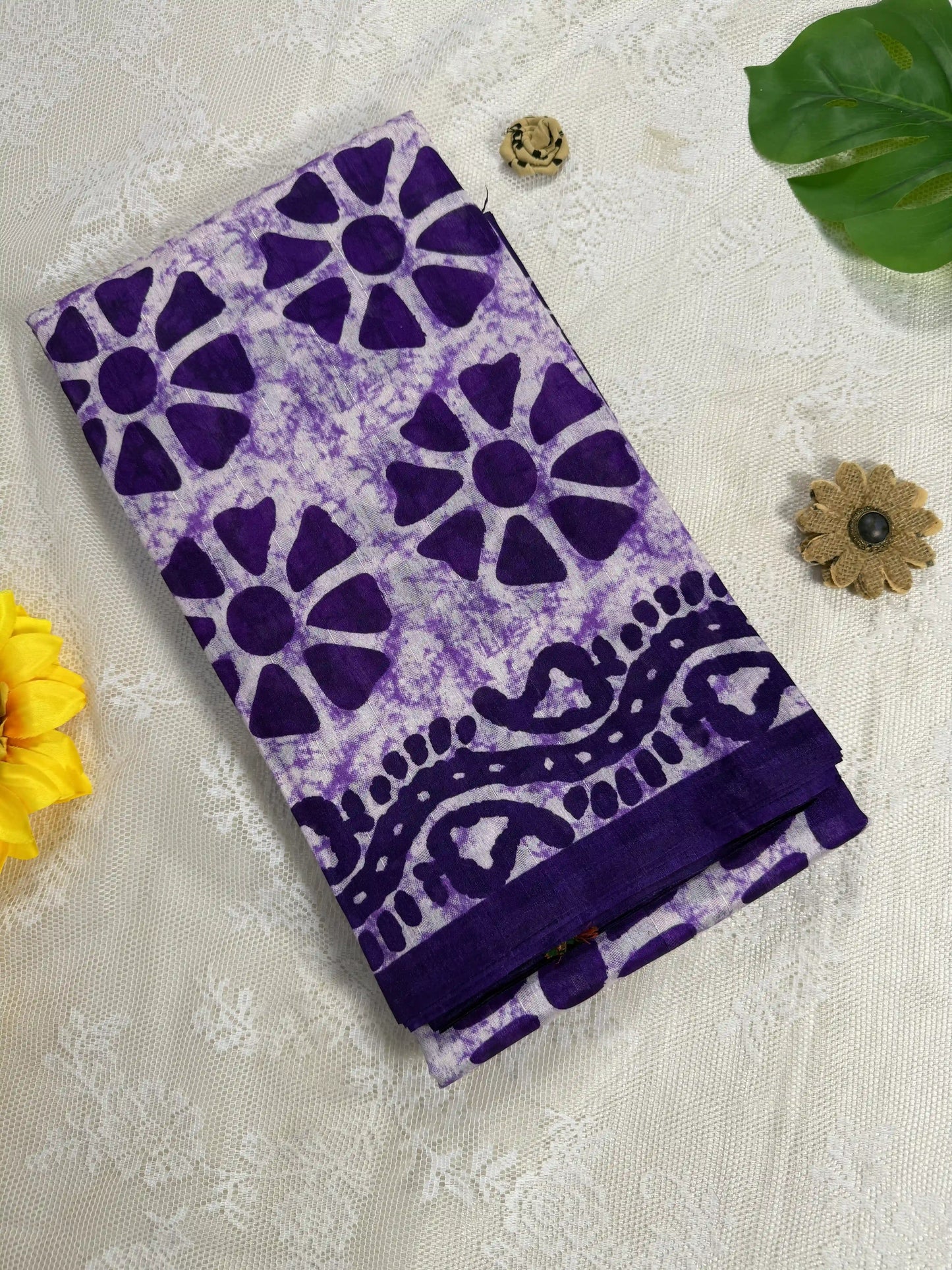 Everyday Tussar Saree: White Saree with purple flora body and white&purple floral border