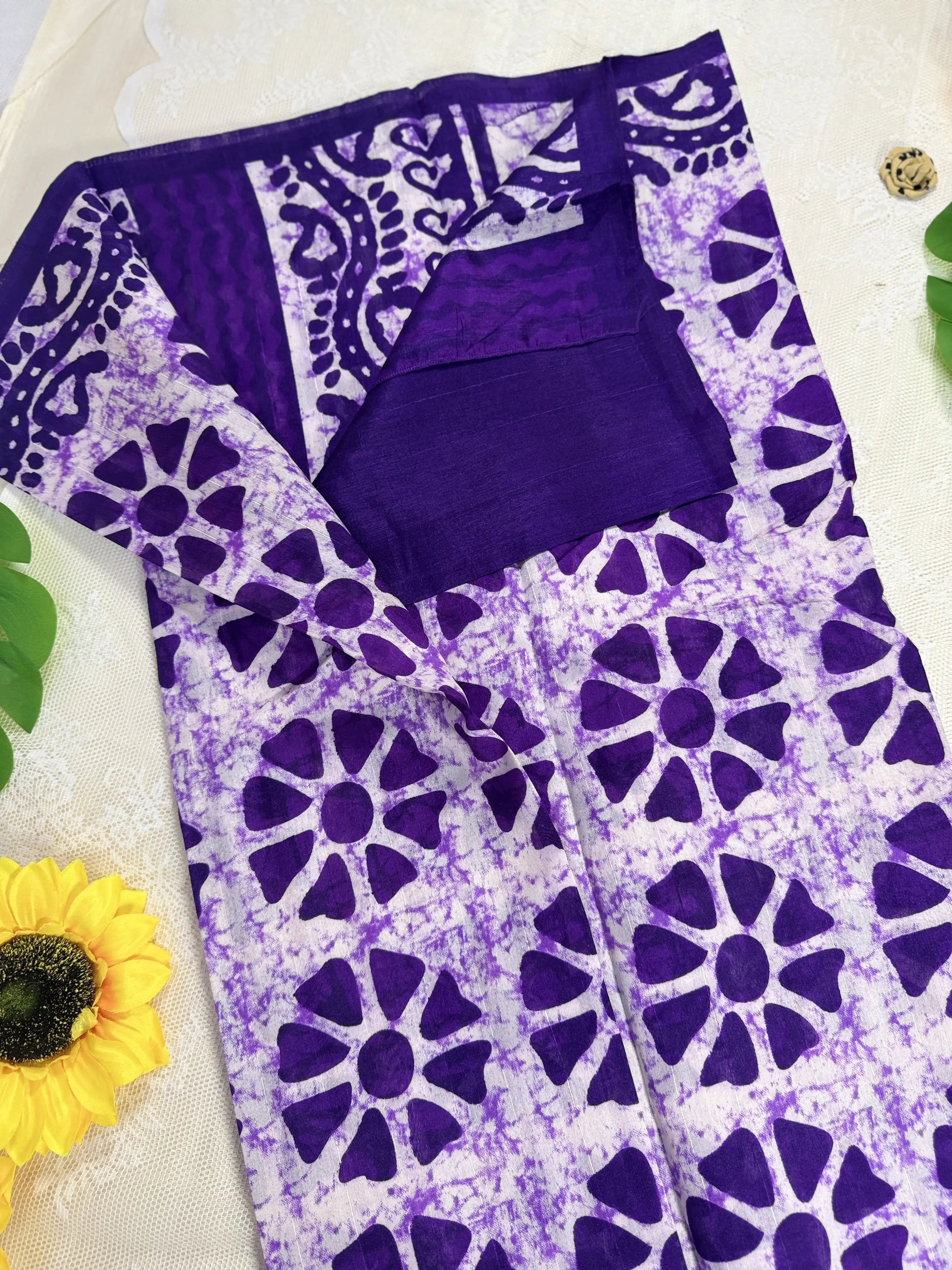 Everyday Tussar Saree: White Saree with purple flora body and white&purple floral border