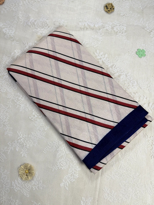 Everyday Tussar Saree: White Saree with black and red stripes body thin black line border