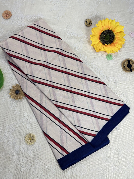 Everyday Tussar Saree: White Saree with black and red stripes body thin black line border