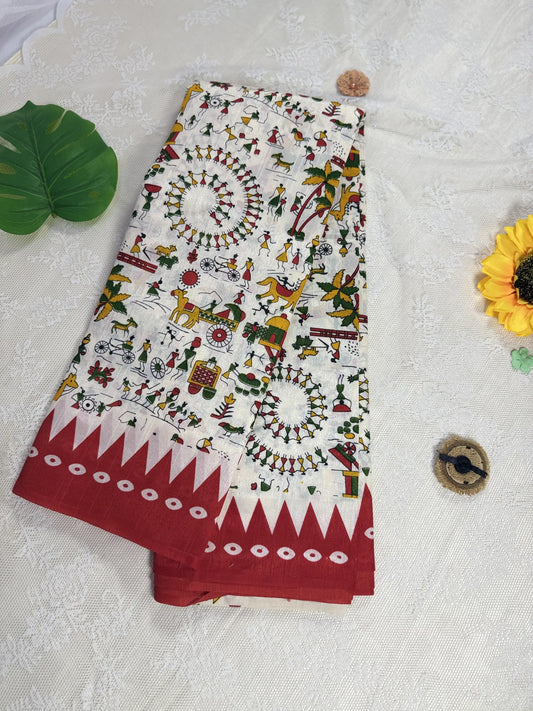 Everyday Tussar Saree: White Saree with warli print body and red temple border and warli print pallu