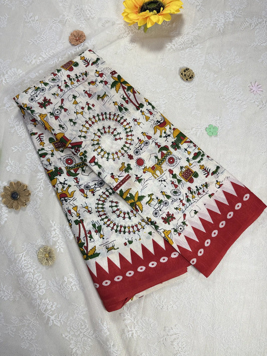 Everyday Tussar Saree: White Saree with warli print body and red temple border and warli print pallu