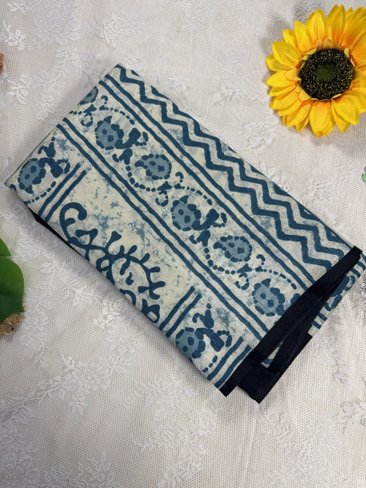 Everyday Tussar Saree: Black Saree with white and teal motif