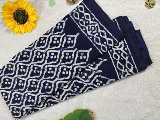 Everyday Tussar Saree: Ink Blue Saree with white indian motif and white flora border with white wavy pallu
