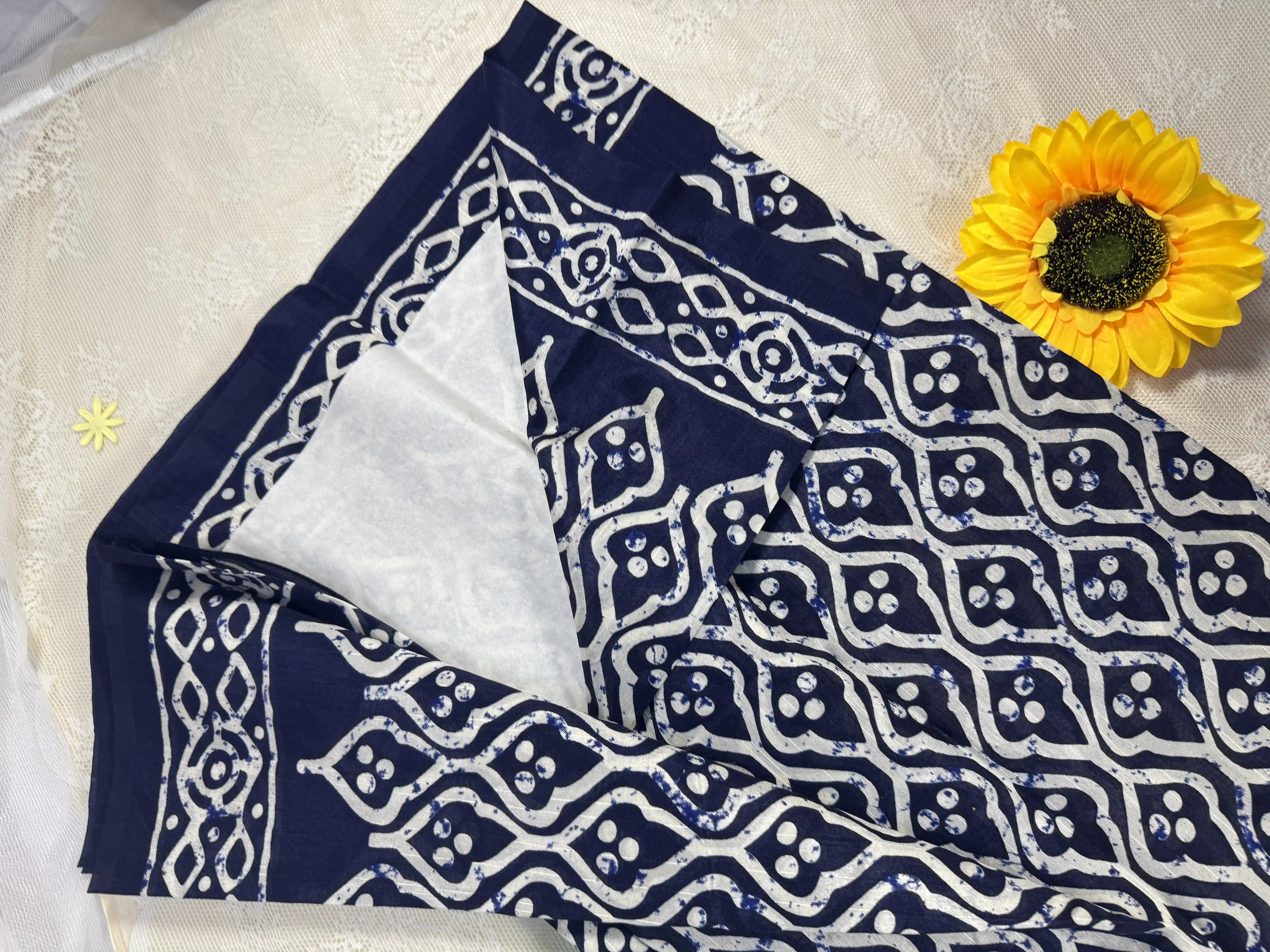 Everyday Tussar Saree: Ink Blue Saree with white indian motif and white flora border with white wavy pallu