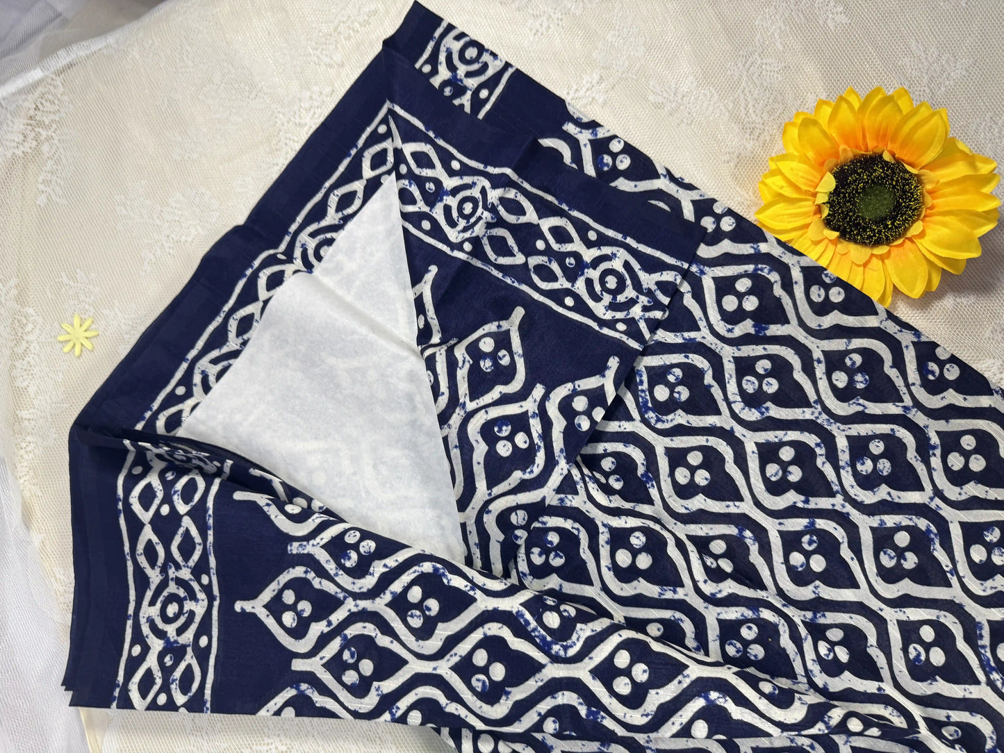 Everyday Tussar Saree: Ink Blue Saree with white indian motif and white flora border with white wavy pallu