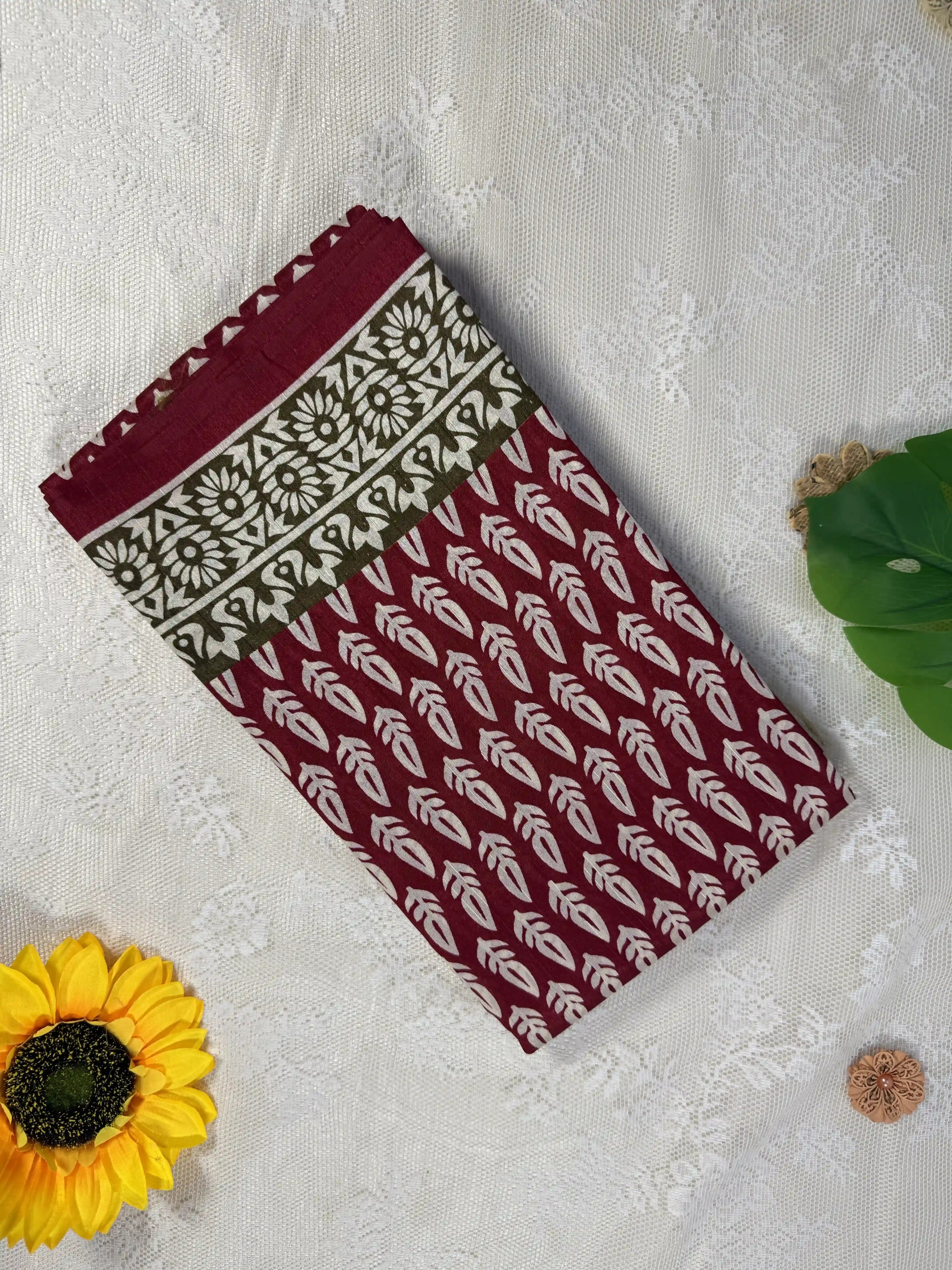 Everyday Tussar Saree: Bright Maroon Red Saree with white leafy motif and white flora border with black and red pallu