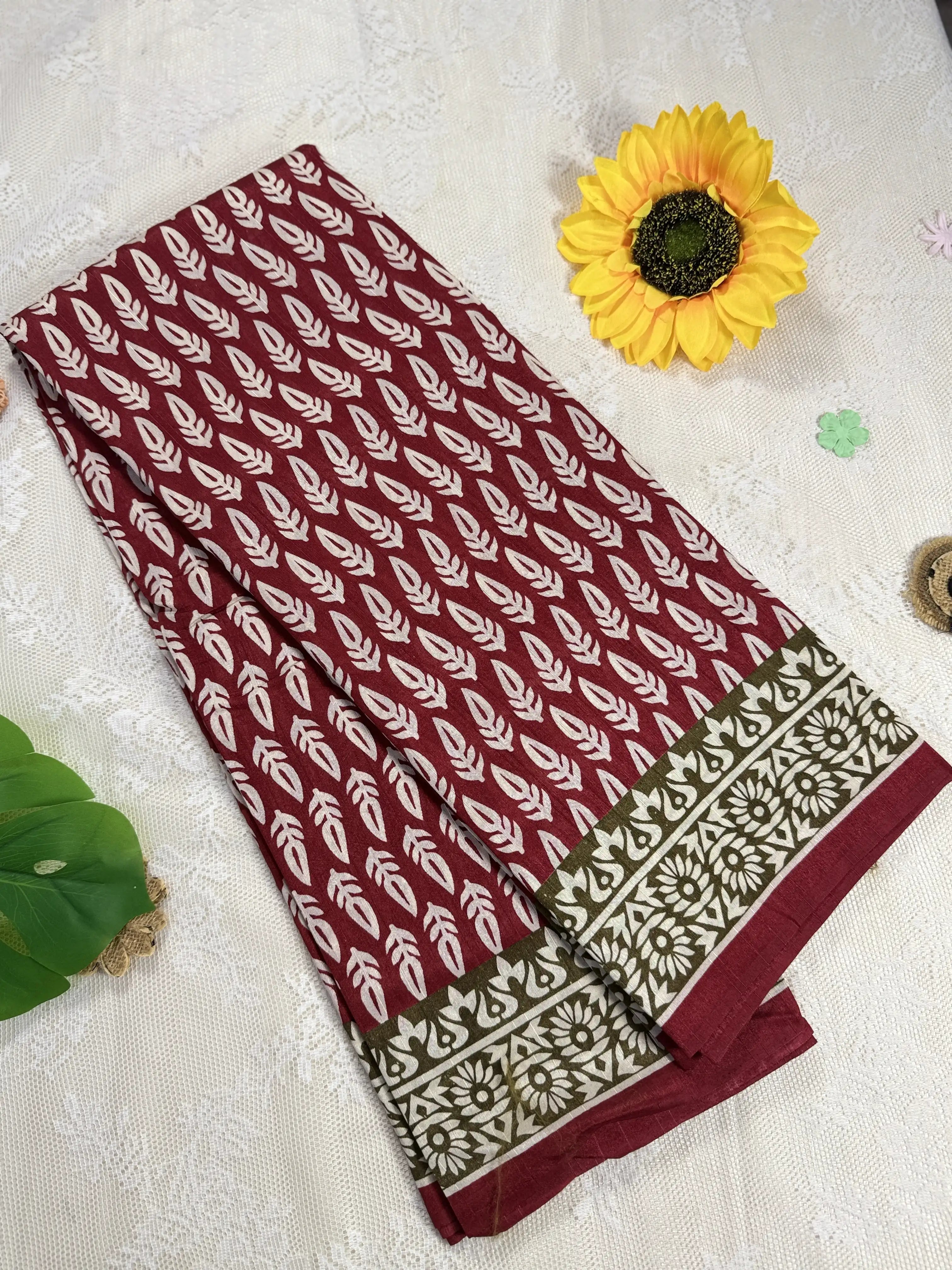 Everyday Tussar Saree: Bright Maroon Red Saree with white leafy motif and white flora border with black and red pallu