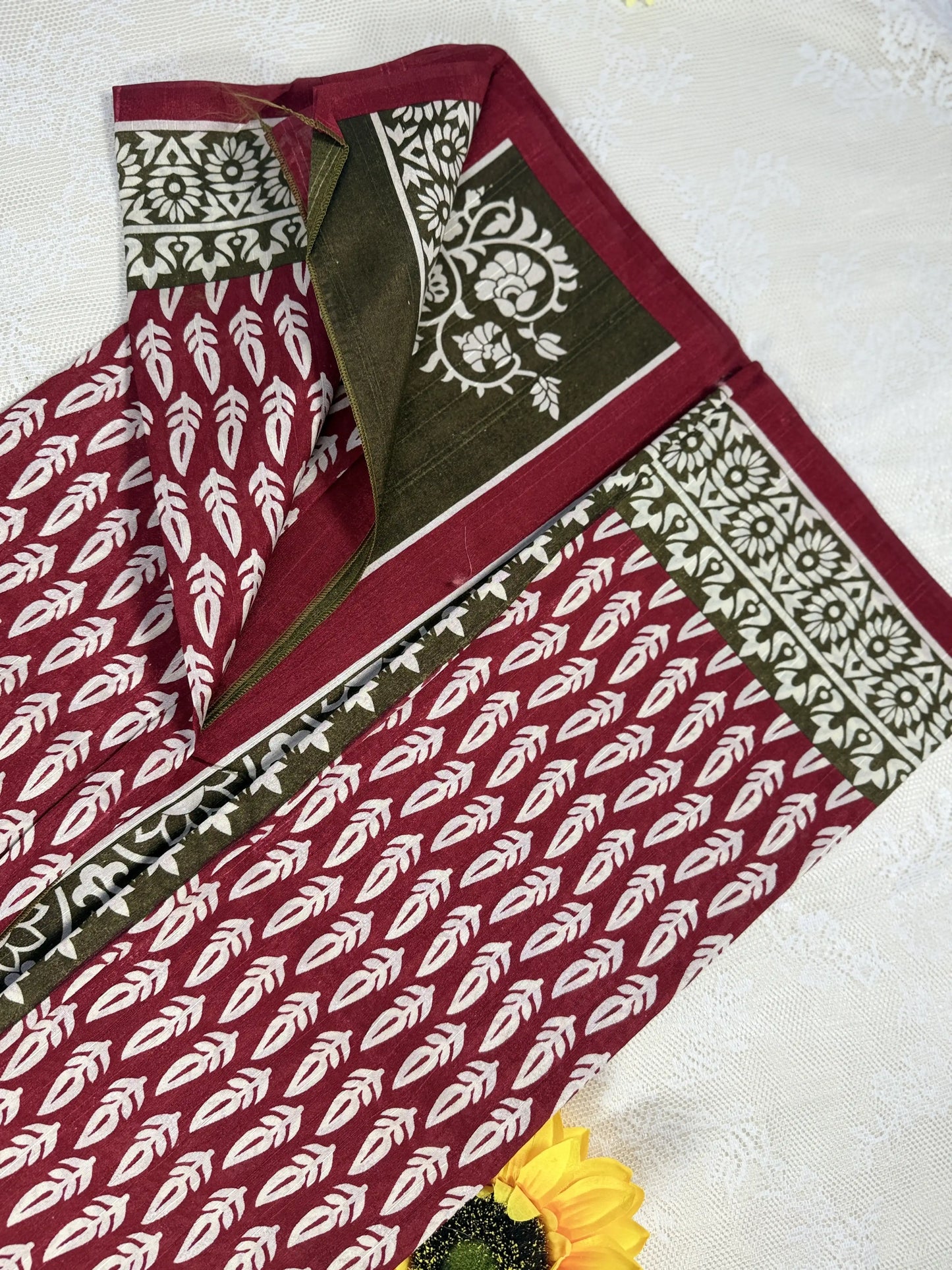 Everyday Tussar Saree: Bright Maroon Red Saree with white leafy motif and white flora border with black and red pallu