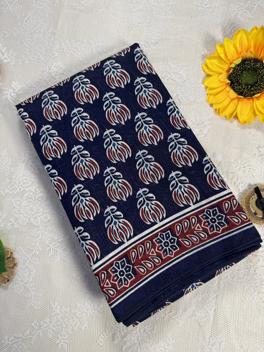 Everyday Tussar Saree: Navy Blue Saree with Red & Green Floral motif and Red flora border with red and white floral pallu