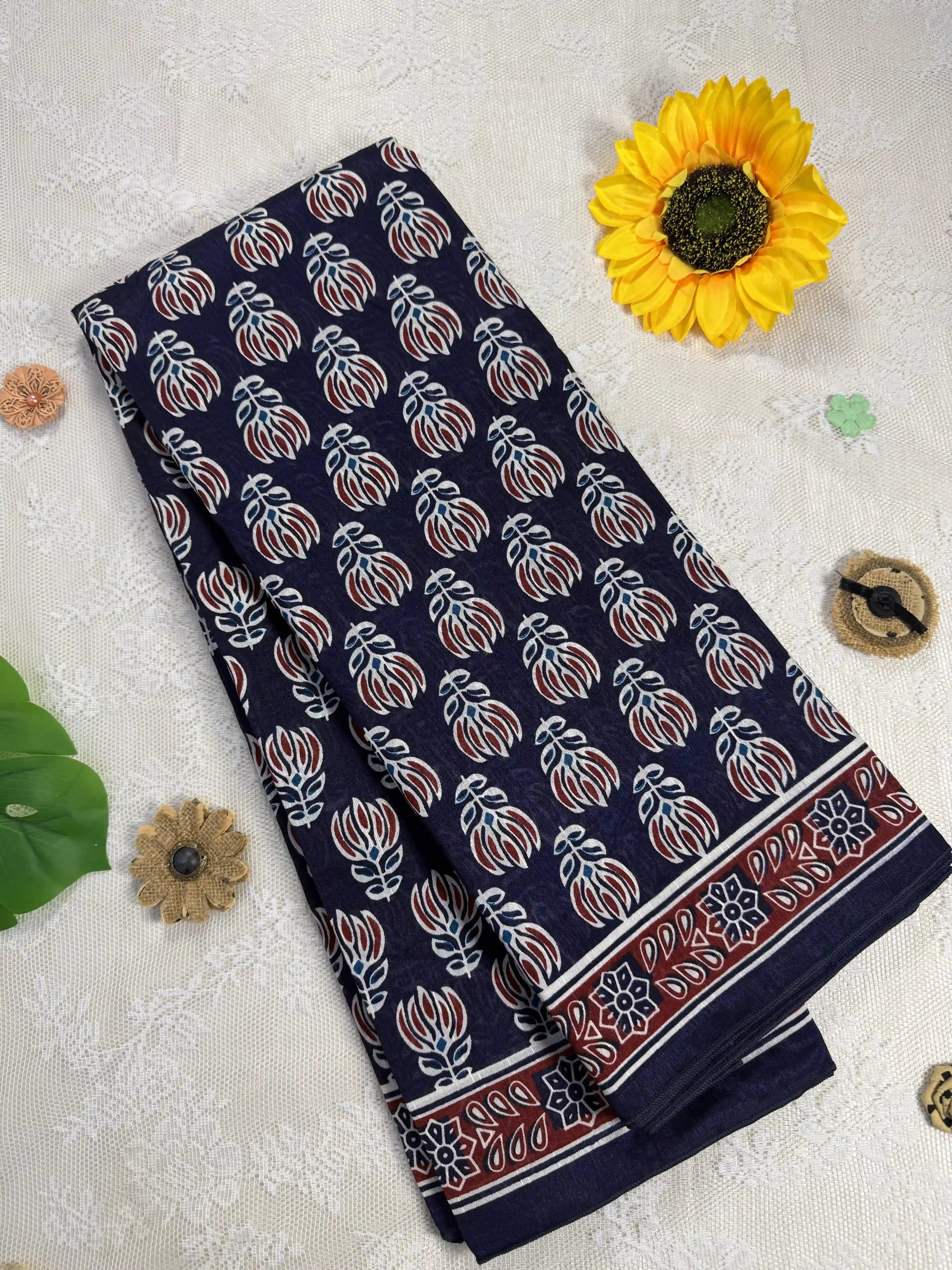 Everyday Tussar Saree: Navy Blue Saree with Red & Green Floral motif and Red flora border with red and white floral pallu
