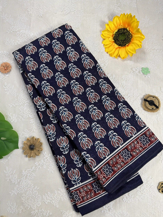Everyday Tussar Saree: Navy Blue Saree with Red & Green Floral motif and Red flora border with red and white floral pallu