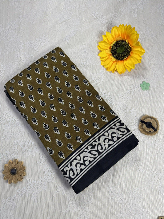 Everyday Tussar Saree: Khaki Green Saree with white floral motif and white floral border with white striped pallu