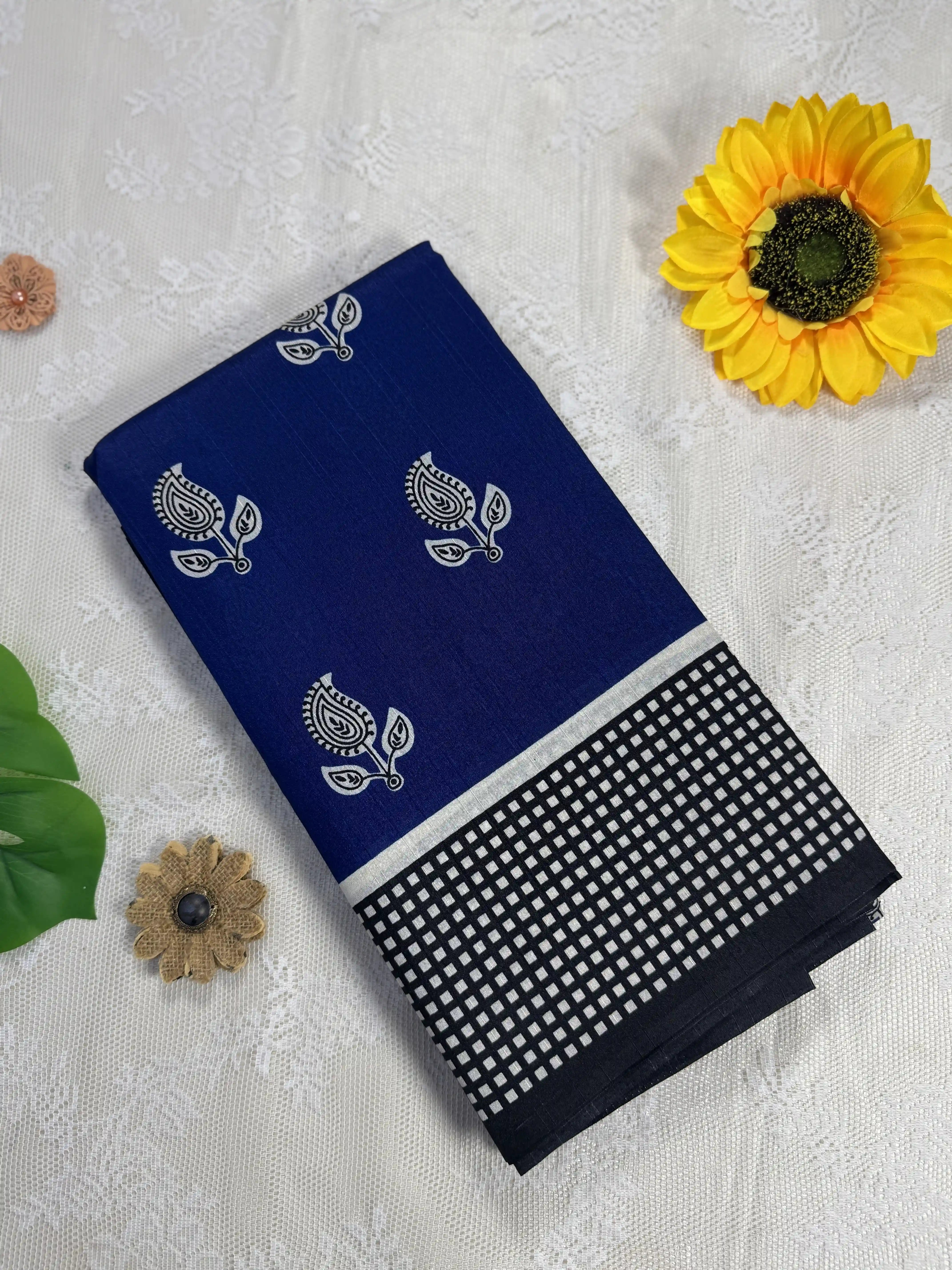 Everyday Tussar Saree: Bright Navy Blue Saree with white floral motif and white square dot border with white and red striped pallu