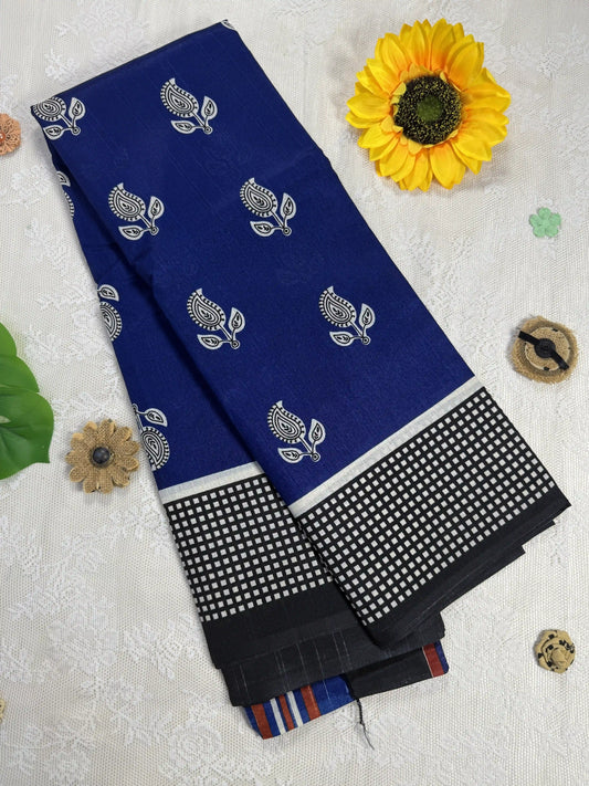 Everyday Tussar Saree: Bright Navy Blue Saree with white floral motif and white square dot border with white and red striped pallu