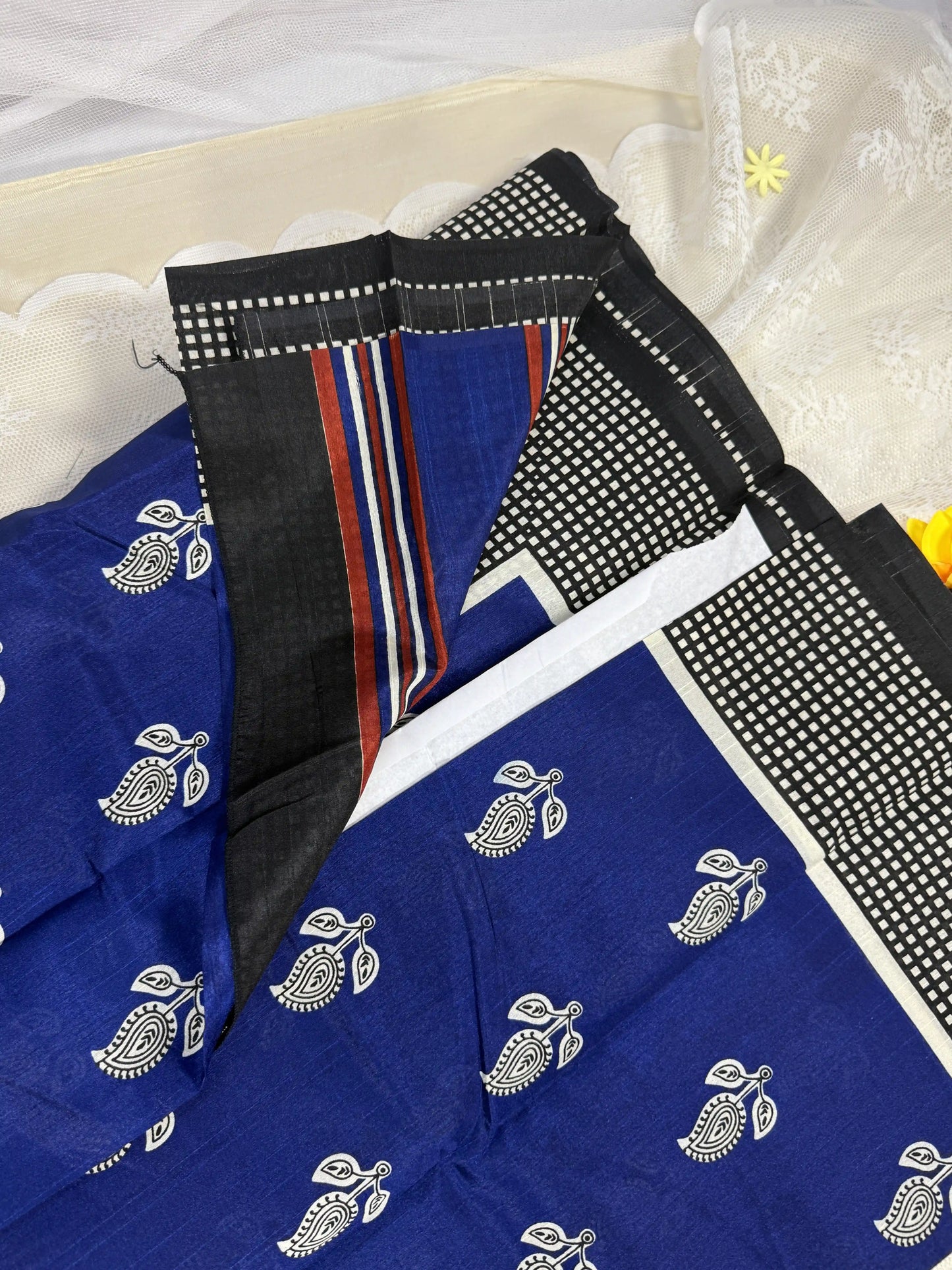 Everyday Tussar Saree: Bright Navy Blue Saree with white floral motif and white square dot border with white and red striped pallu