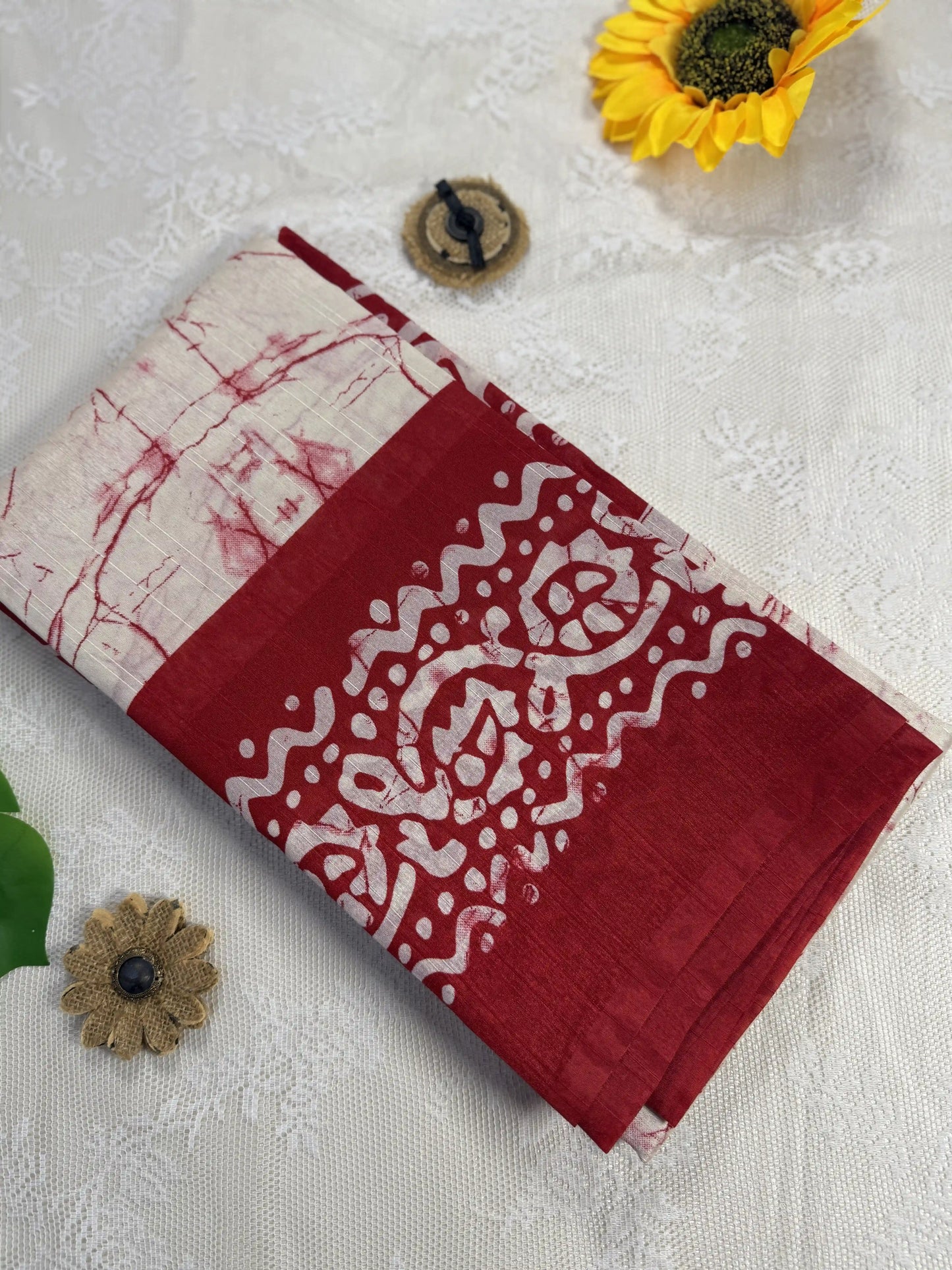 Everyday Tussar Saree: Deep Red Saree with white marble body and white floral border with red floral pallu