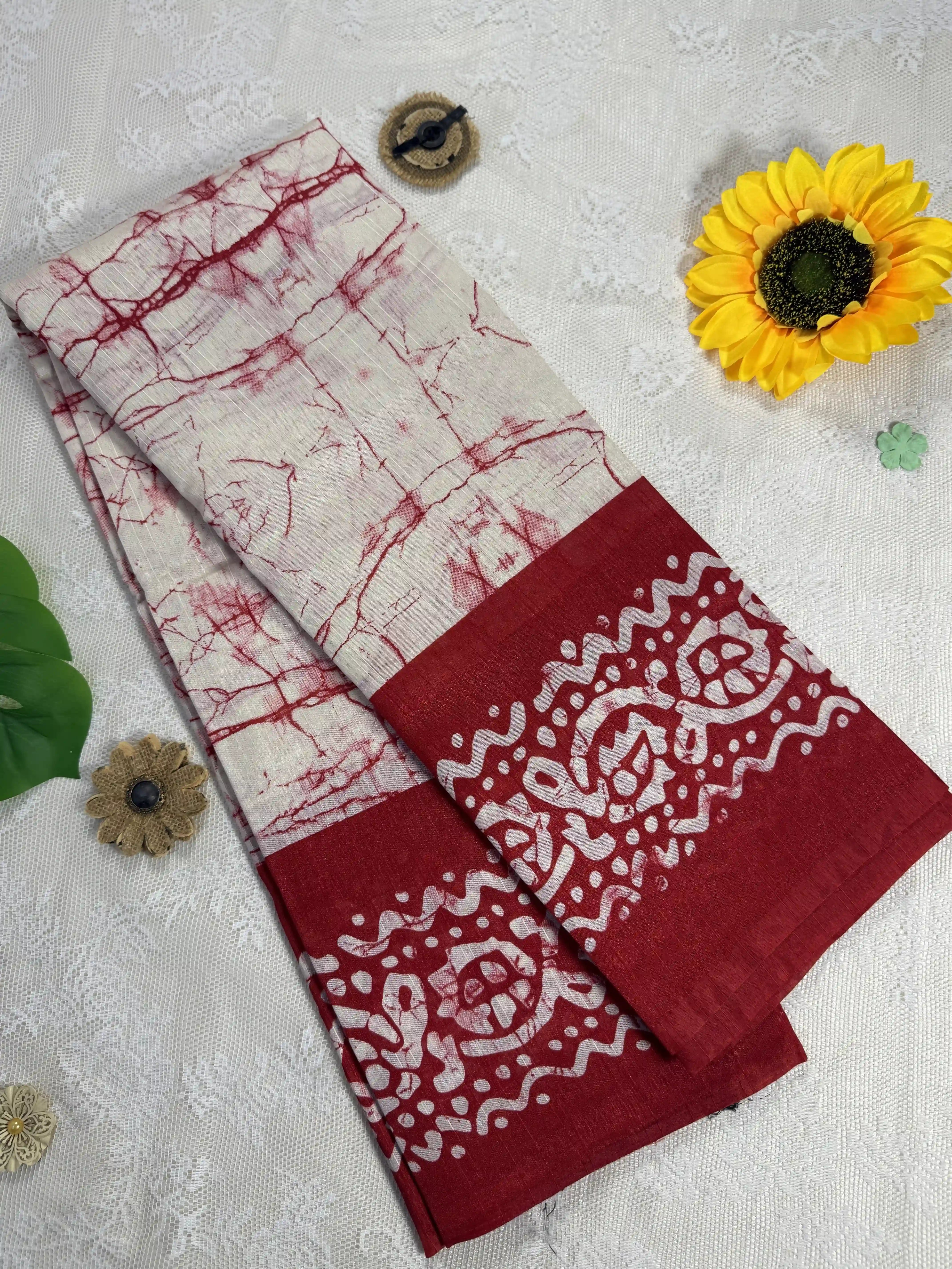 Everyday Tussar Saree: Deep Red Saree with white marble body and white floral border with red floral pallu