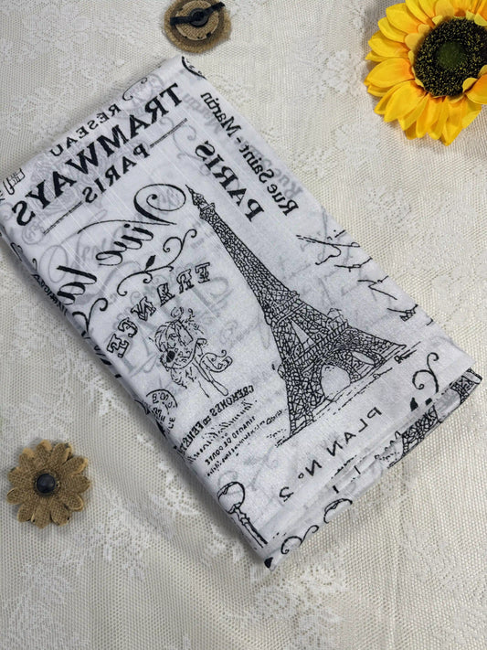 Everyday Tussar Saree: White Saree with Paris Text body and similar design pallu