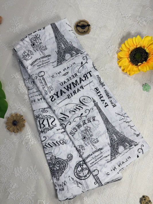 Everyday Tussar Saree: White Saree with Paris Text body and similar design pallu