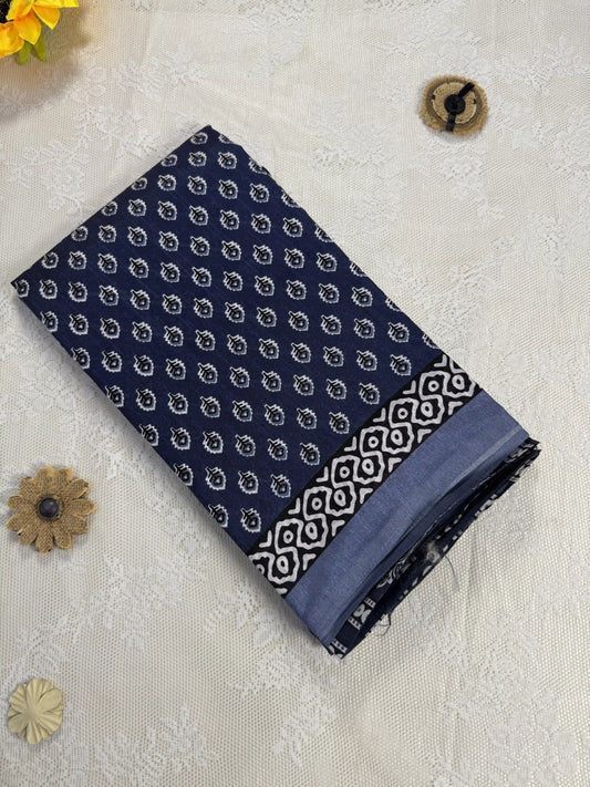 Everyday Tussar Saree: Navy Blue Saree with leafy white motif body and white floral band pallu