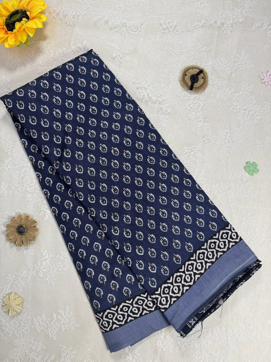 Everyday Tussar Saree: Navy Blue Saree with leafy white motif body and white floral band pallu
