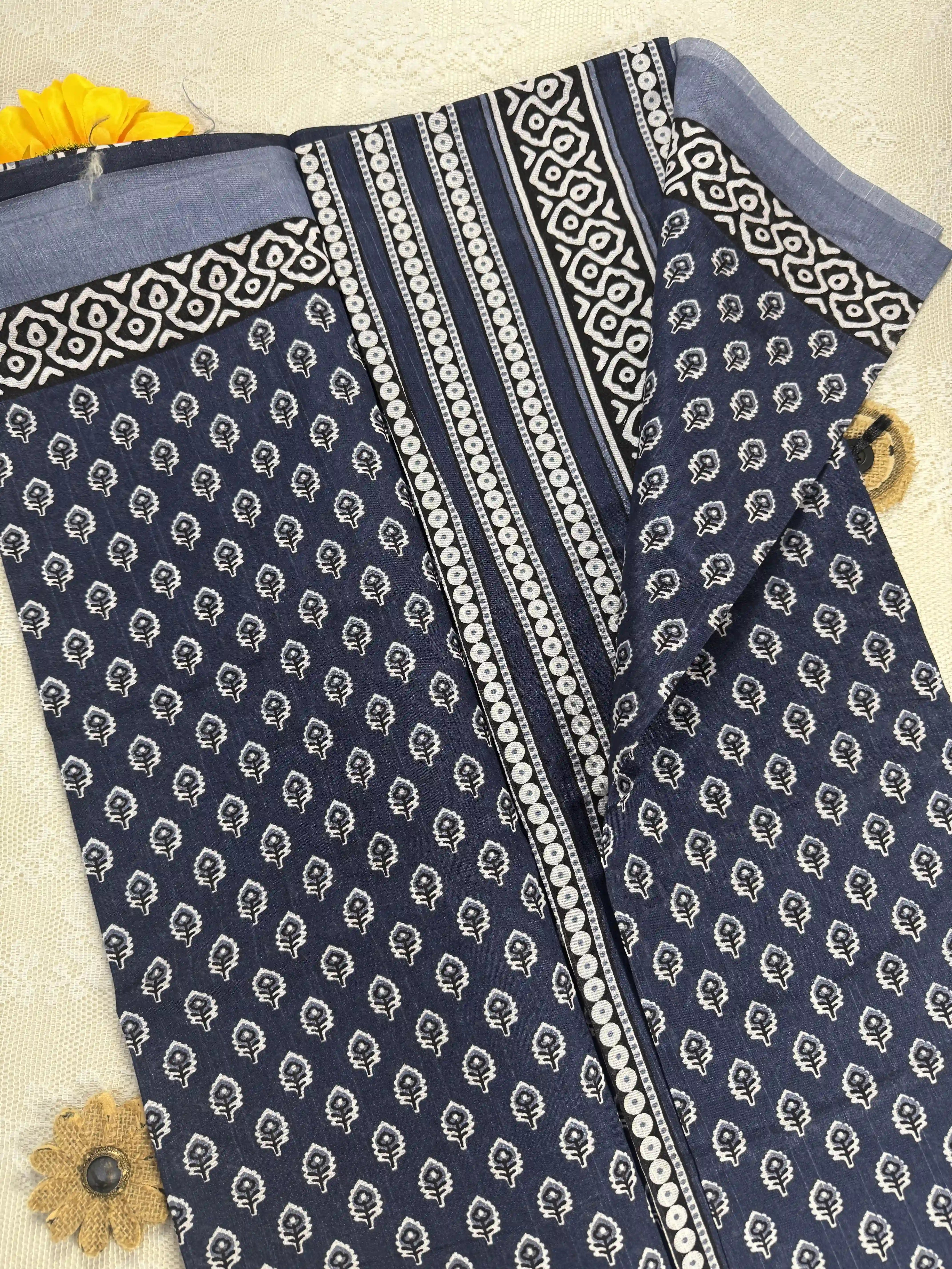 Everyday Tussar Saree: Navy Blue Saree with leafy white motif body and white floral band pallu