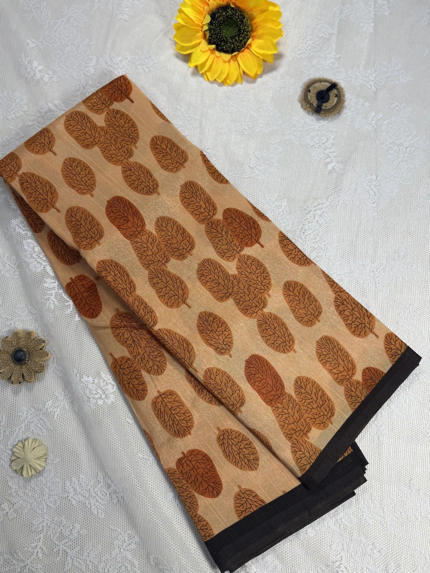 Everyday Tussar Saree: Orange Saree with deep orange leafy motif body black line border with orange and black floral pallu